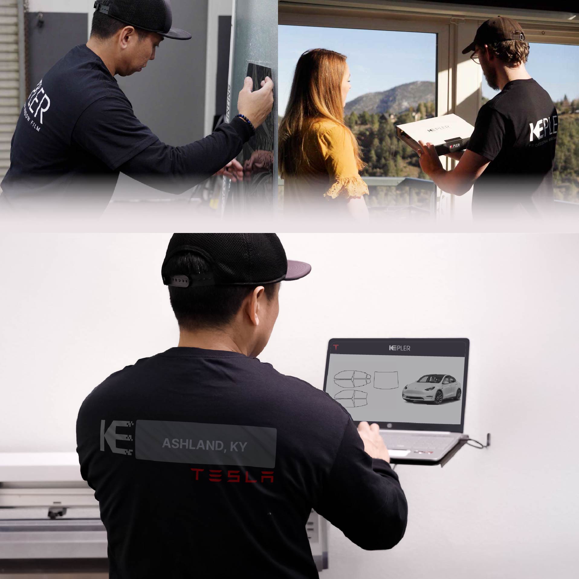 Kepler Technician Fitting Ceramic Window Tint to Tesla in Ashland