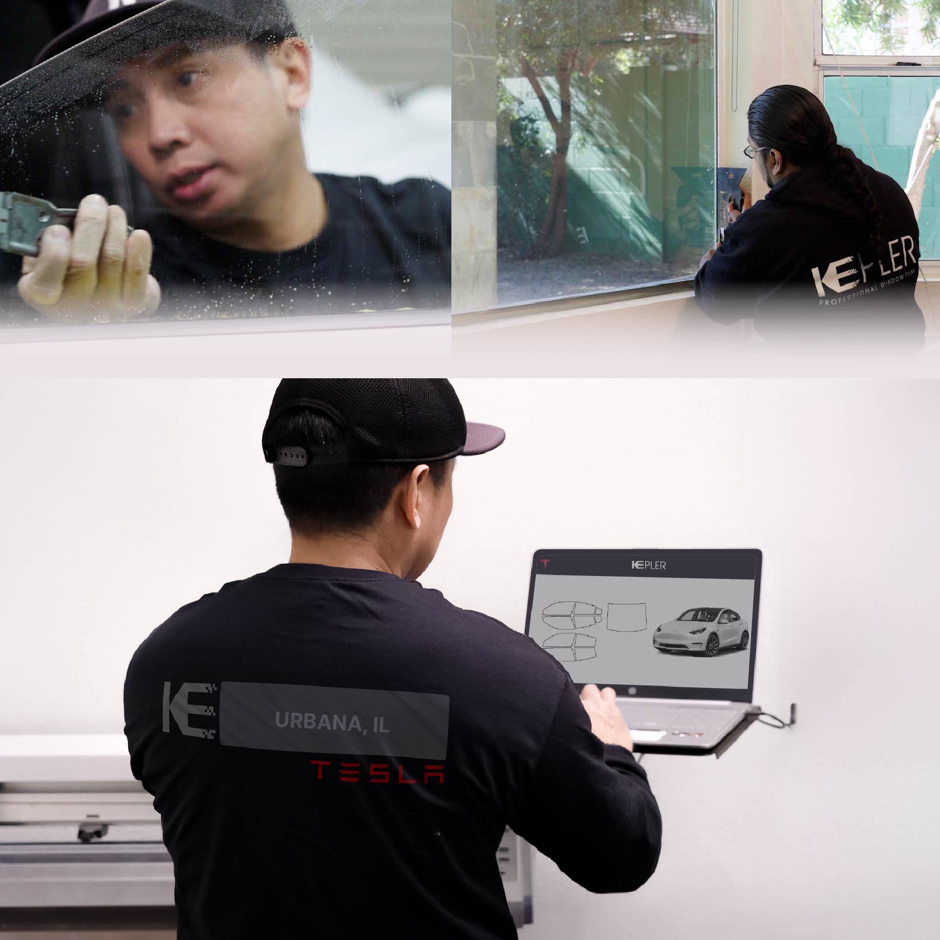 Expert Technician Installing High-tech Window Tint to Tesla in Urbana