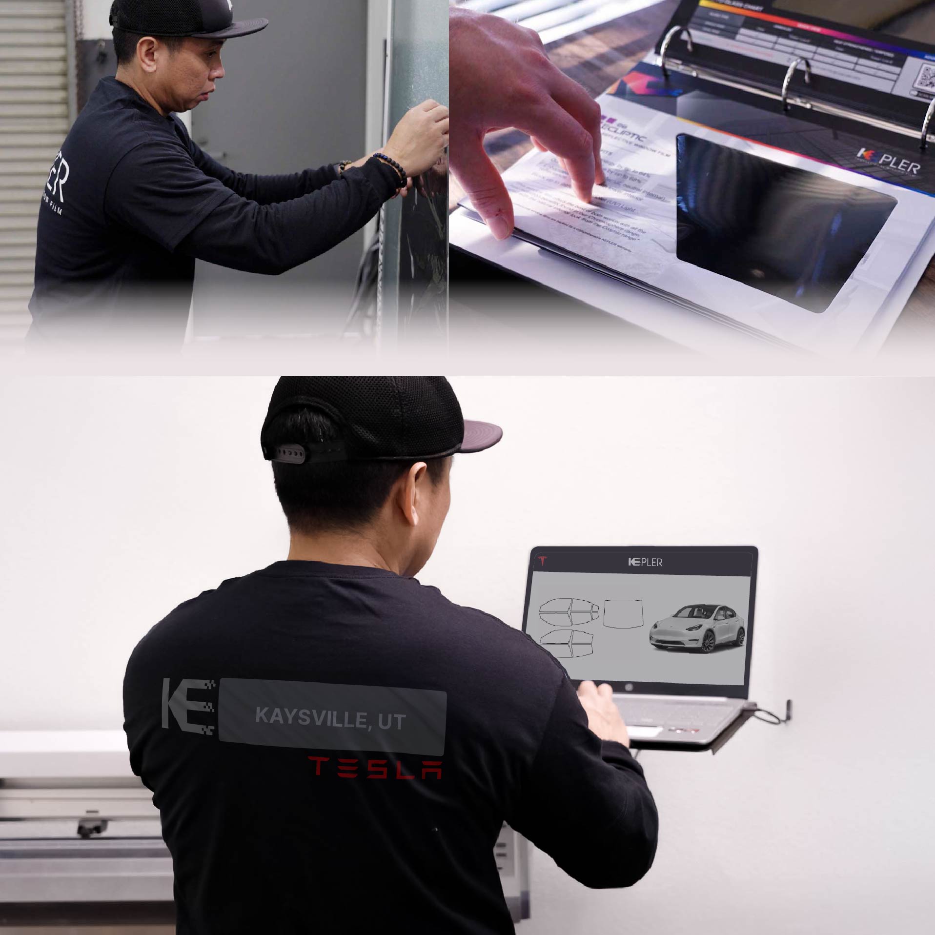 Expert Technician Installing Ceramic Window Tint to Tesla in Kaysville