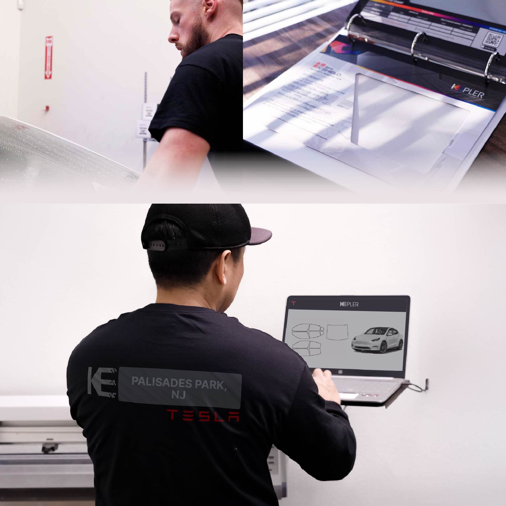 Kepler Technician Installing Ceramic Window Tint to Tesla in Palisades Park