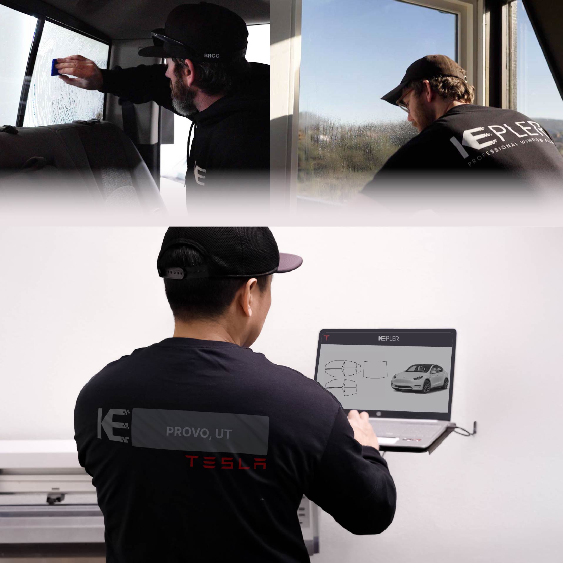 Expert Technician Fitting High-tech Window Tint to Tesla in Provo