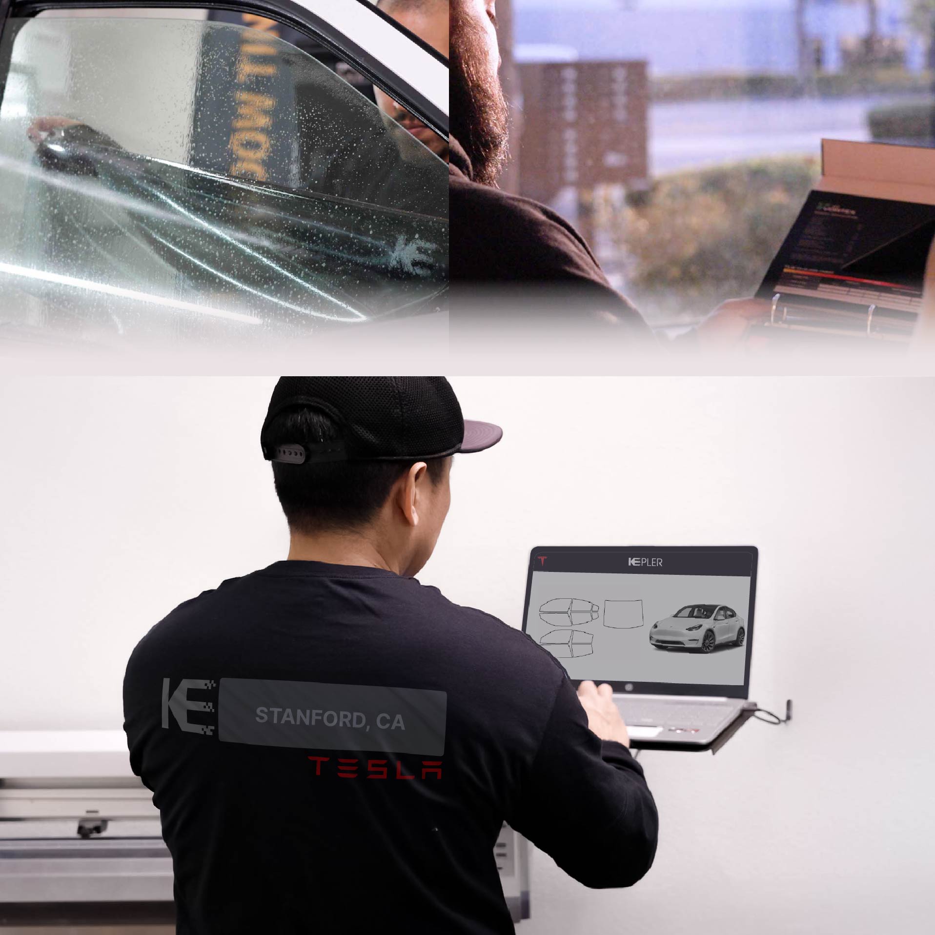 Kepler Technician Fitting Ceramic Window Tint to Tesla in Stanford