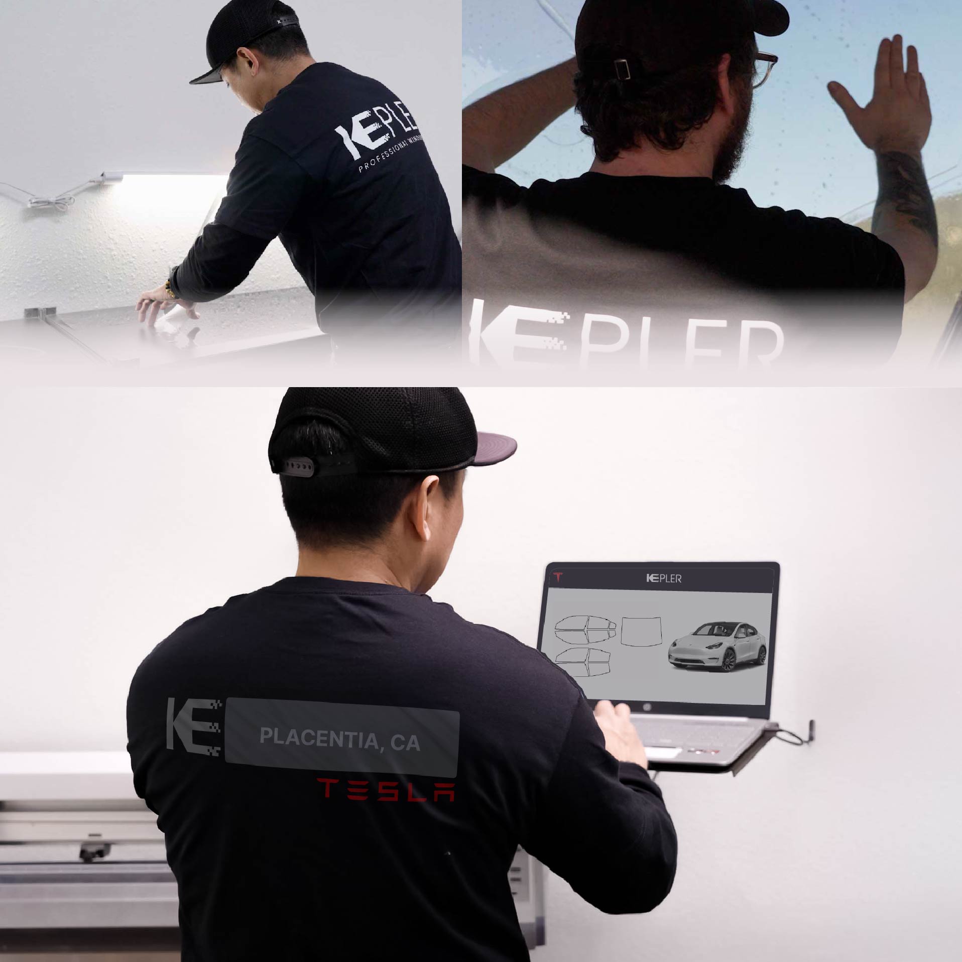 Expert Technician Fitting High-tech Window Tint to Tesla in Placentia