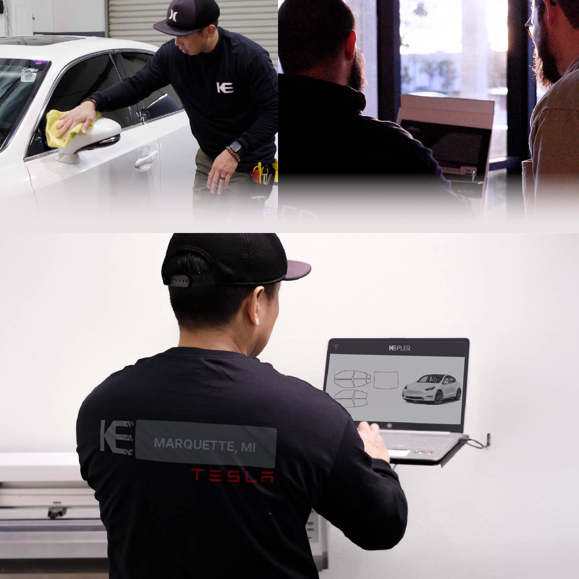 Expert Technician Installing Ceramic Window Tint to Tesla in Marquette