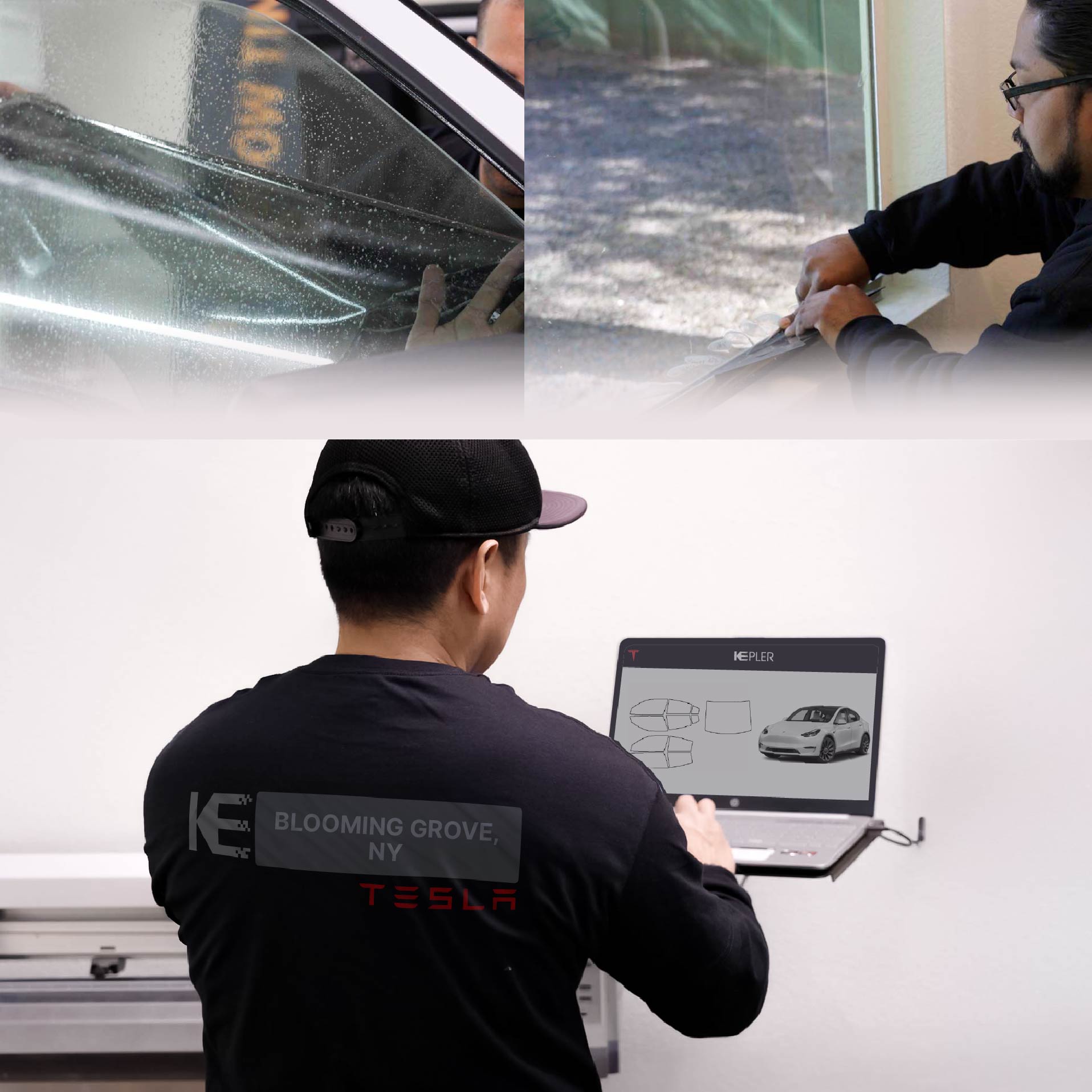Expert Technician Applying Advanced Window Tint to Tesla in Blooming Grove