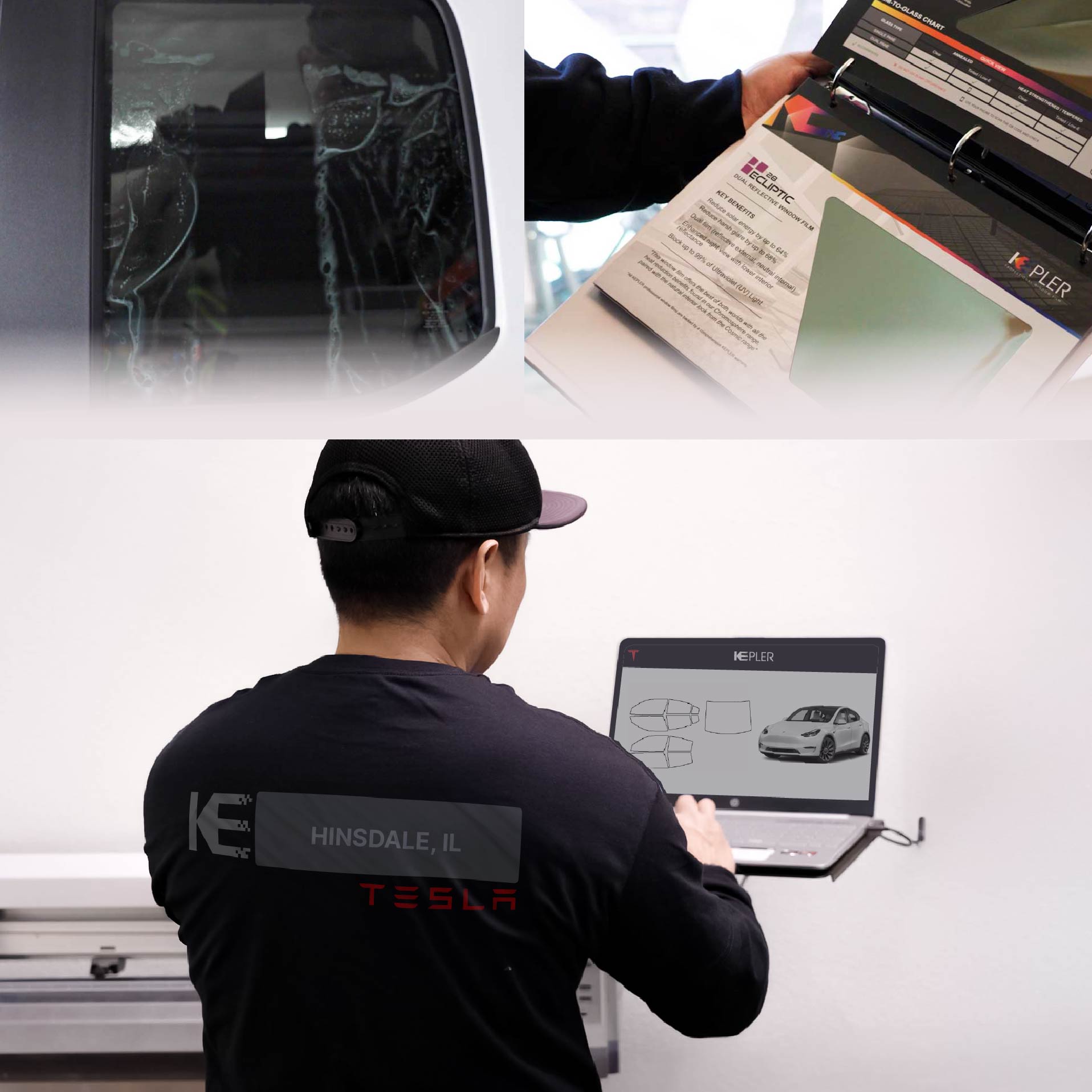 Kepler Technician Installing Ceramic Window Tint to Tesla in Hinsdale