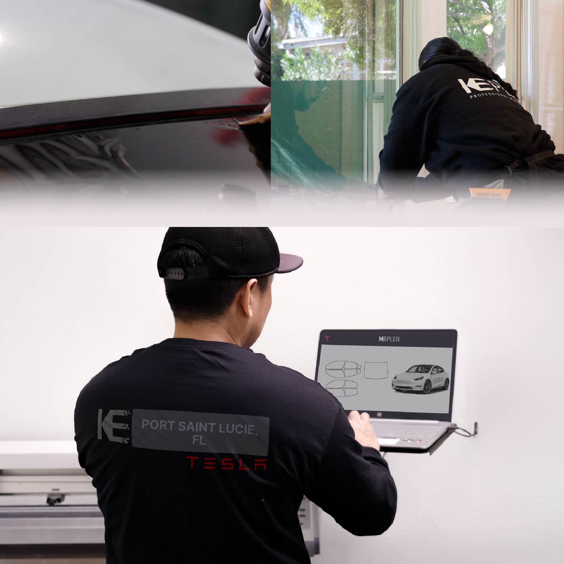 Expert Technician Applying High-tech Window Tint to Tesla in Port Saint Lucie