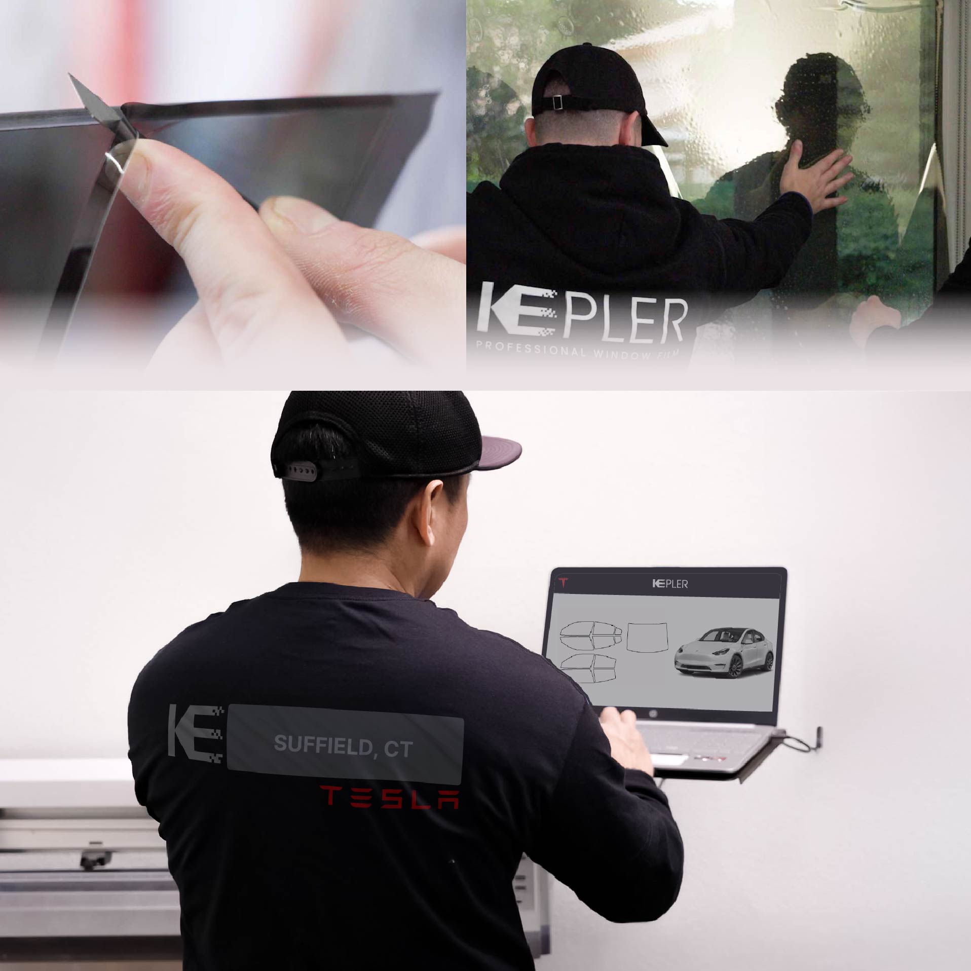 Expert Technician Fitting Advanced Window Tint to Tesla in Suffield