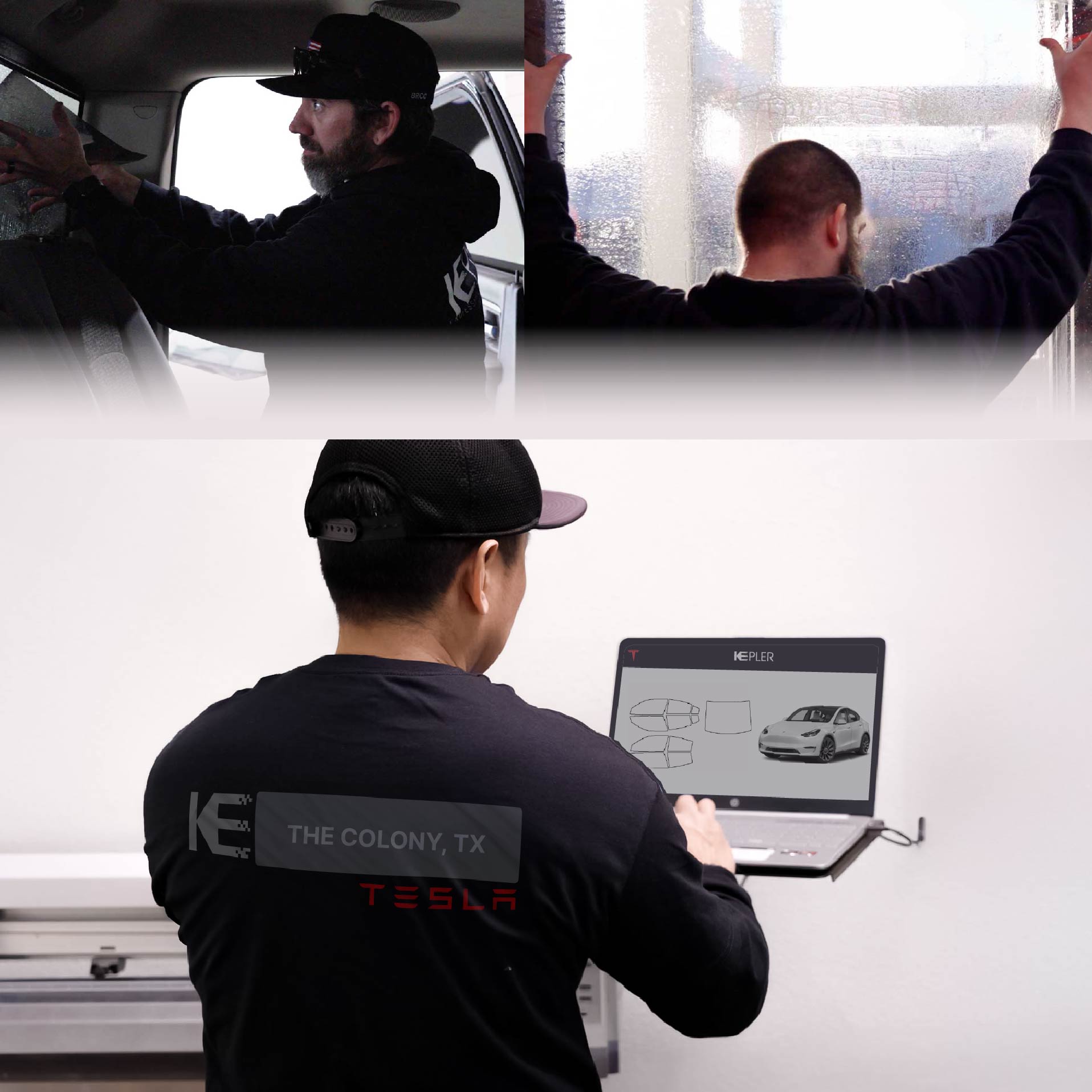 Expert Technician Installing Ceramic Window Tint to Tesla in The Colony