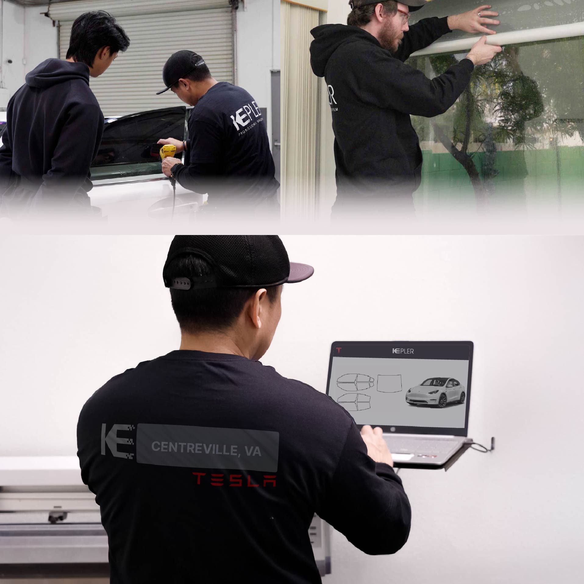 Kepler Technician Applying Ceramic Window Tint to Tesla in Centreville