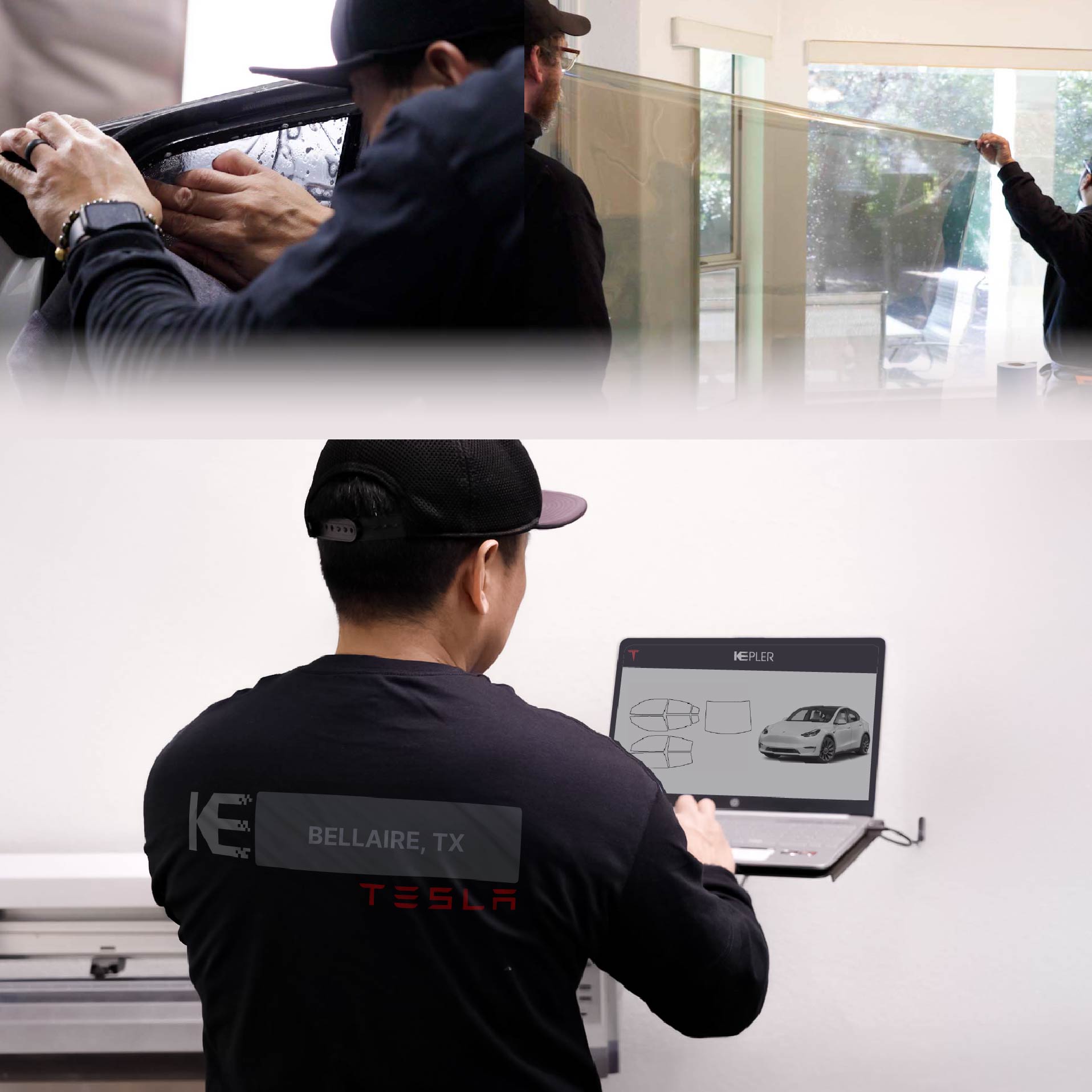 Expert Technician Installing Ceramic Window Tint to Tesla in Bellaire