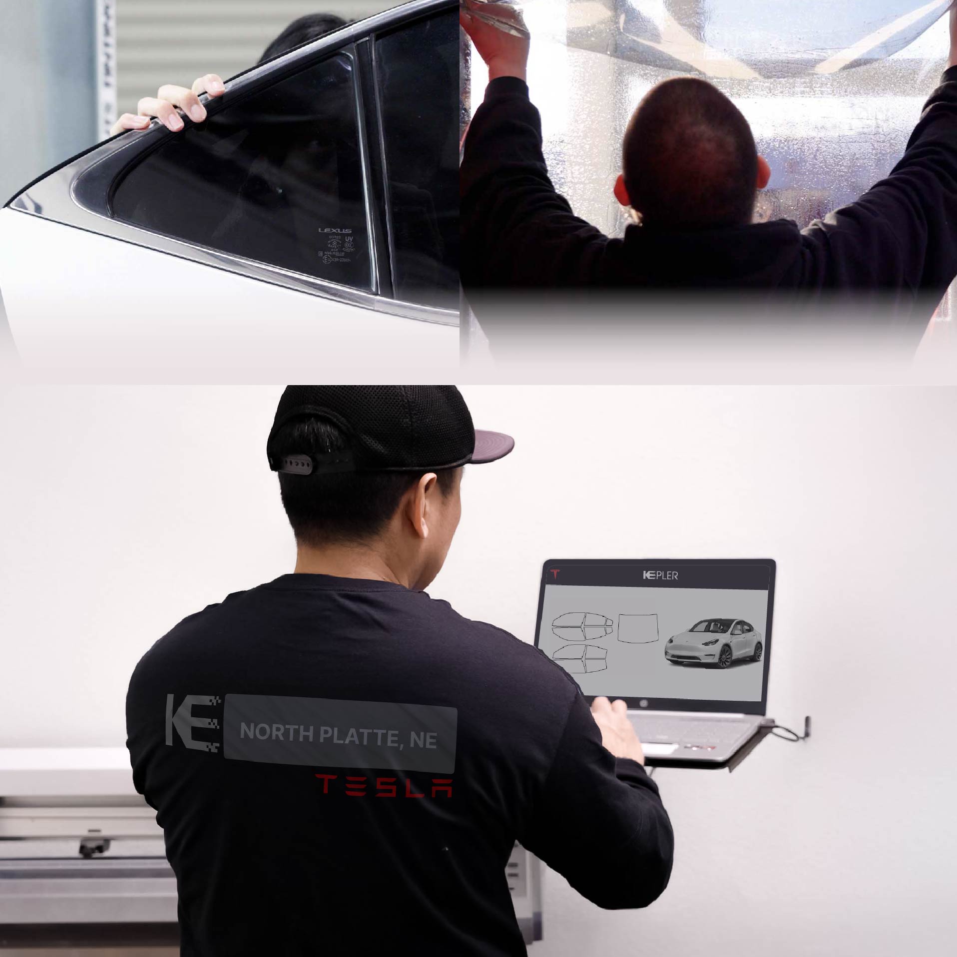 Expert Technician Applying High-tech Window Tint to Tesla in North Platte
