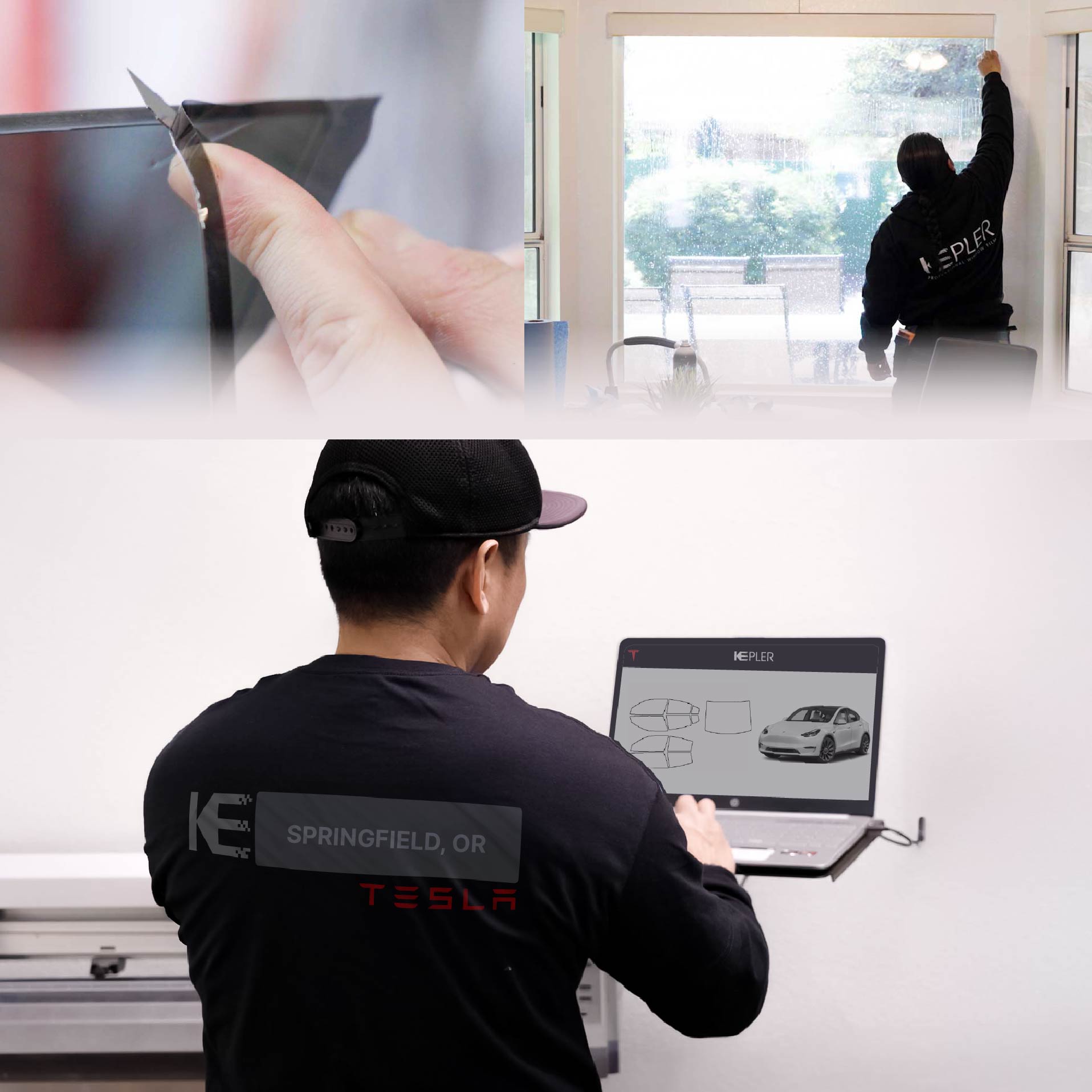 Kepler Technician Installing Advanced Window Tint to Tesla in Springfield
