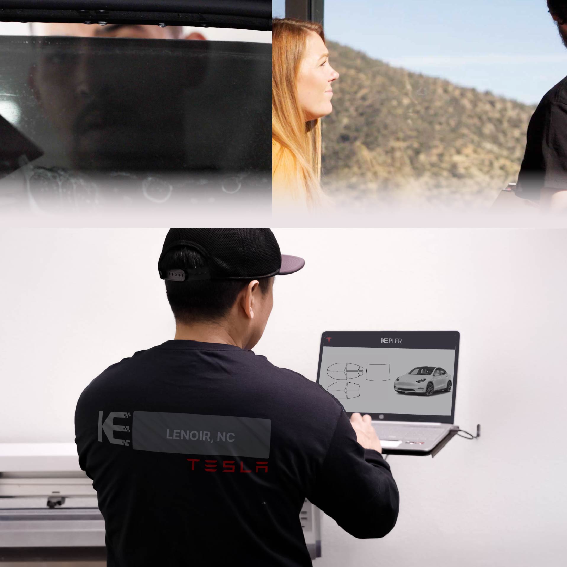 Expert Technician Applying Advanced Window Tint to Tesla in Lenoir