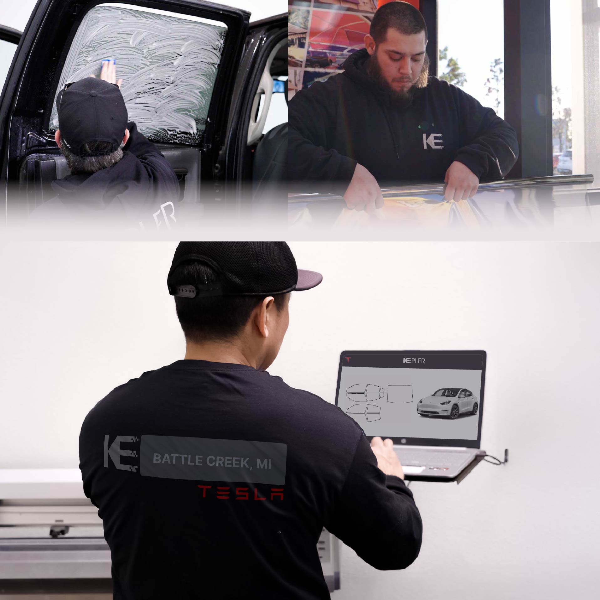 Kepler Technician Fitting High-tech Window Tint to Tesla in Battle Creek