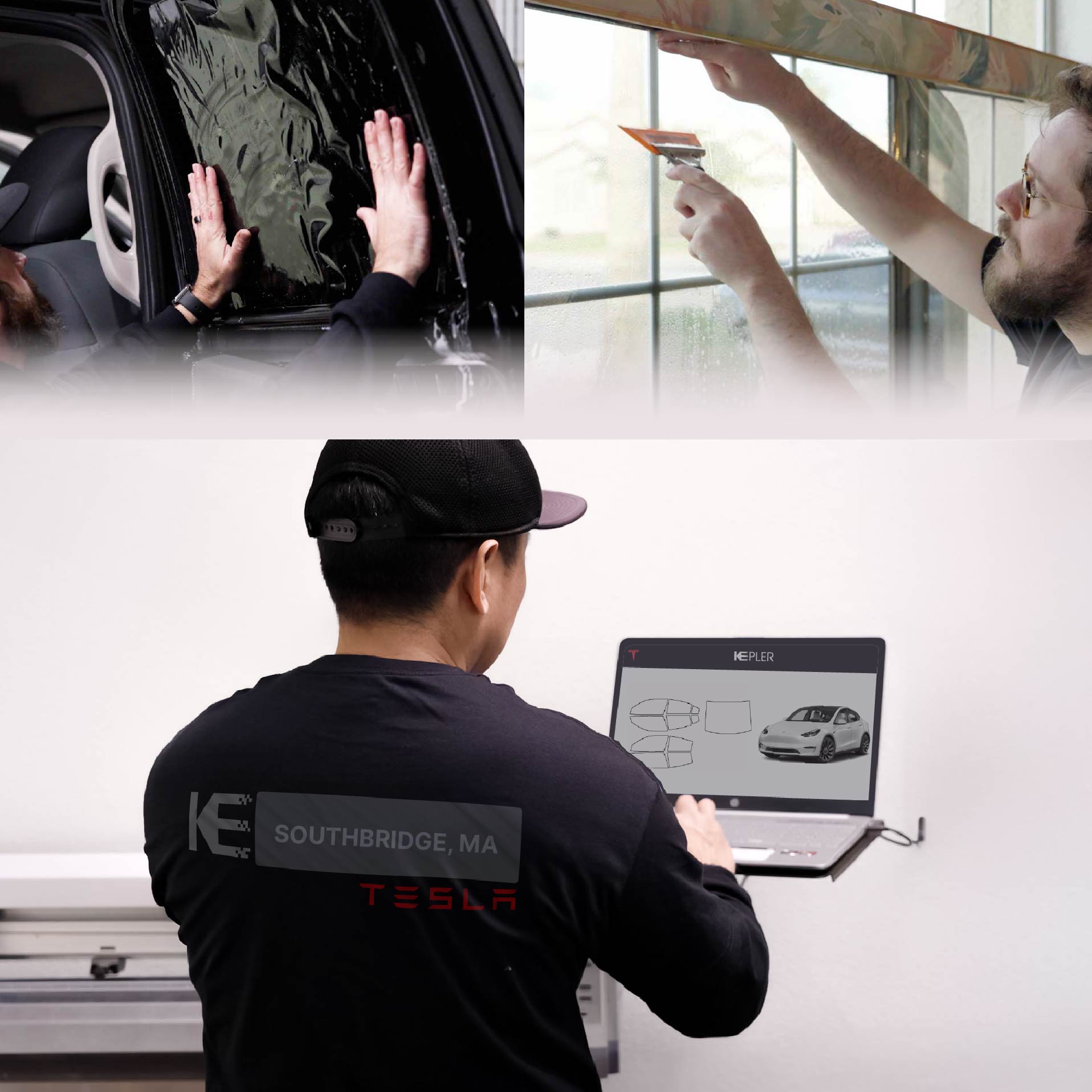 Expert Technician Applying High-tech Window Tint to Tesla in Southbridge