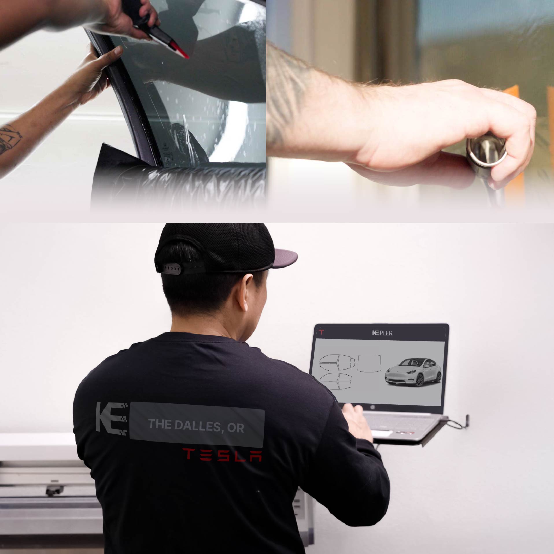 Expert Technician Fitting High-tech Window Tint to Tesla in The Dalles