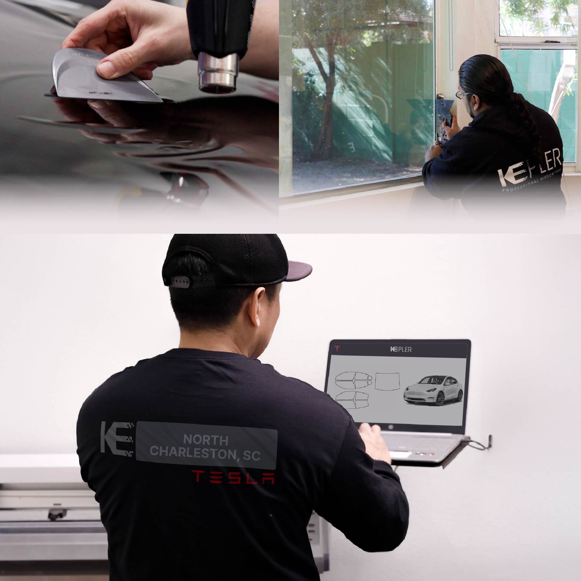 Expert Technician Installing Ceramic Window Tint to Tesla in North Charleston