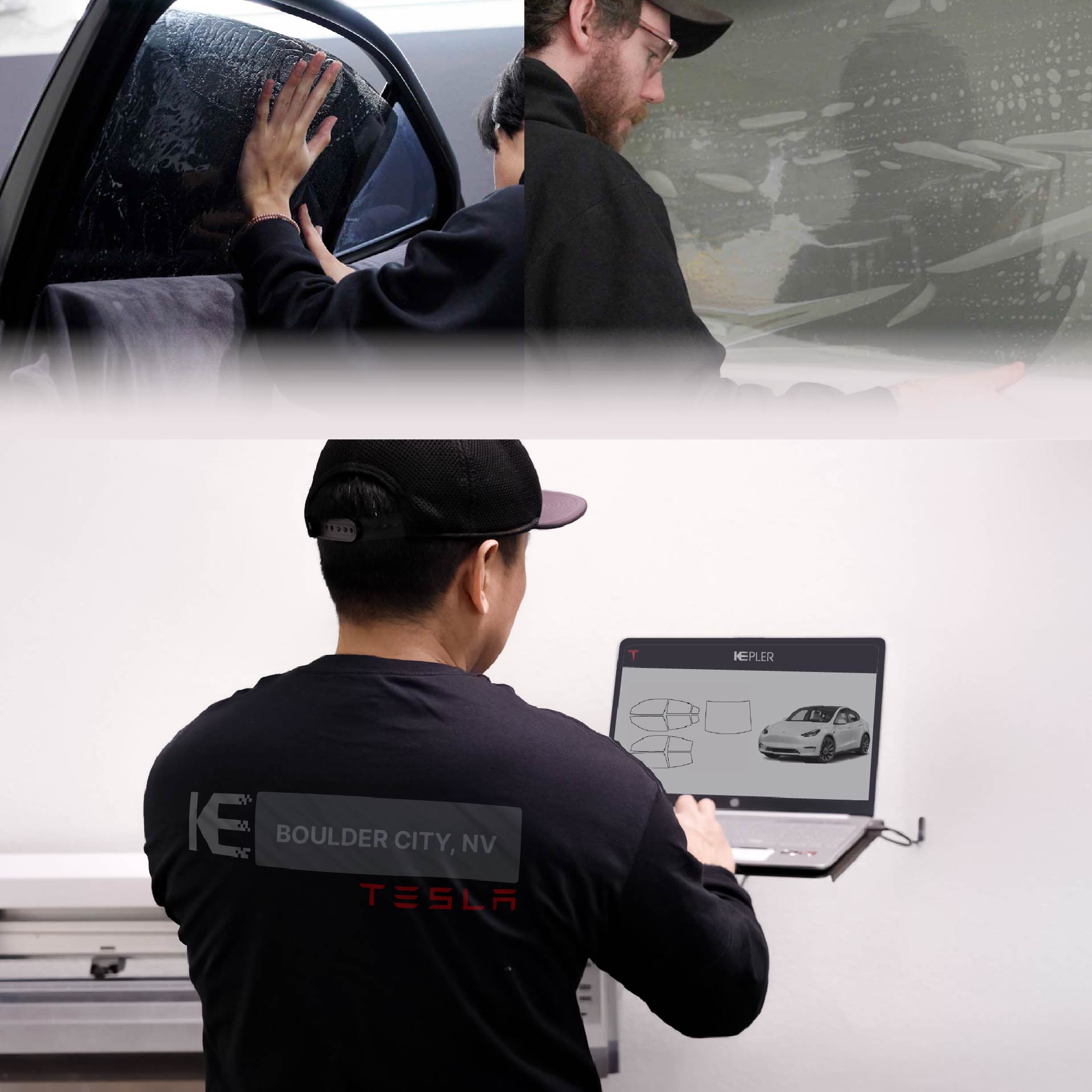 Kepler Technician Fitting Advanced Window Tint to Tesla in Boulder City