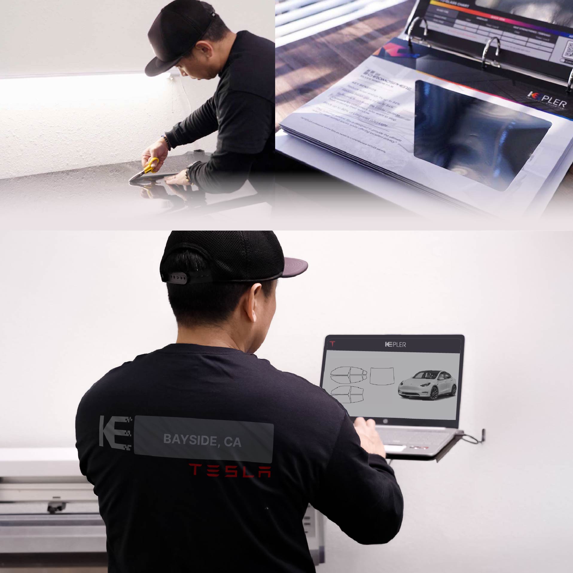 Expert Technician Fitting Advanced Window Tint to Tesla in Bayside