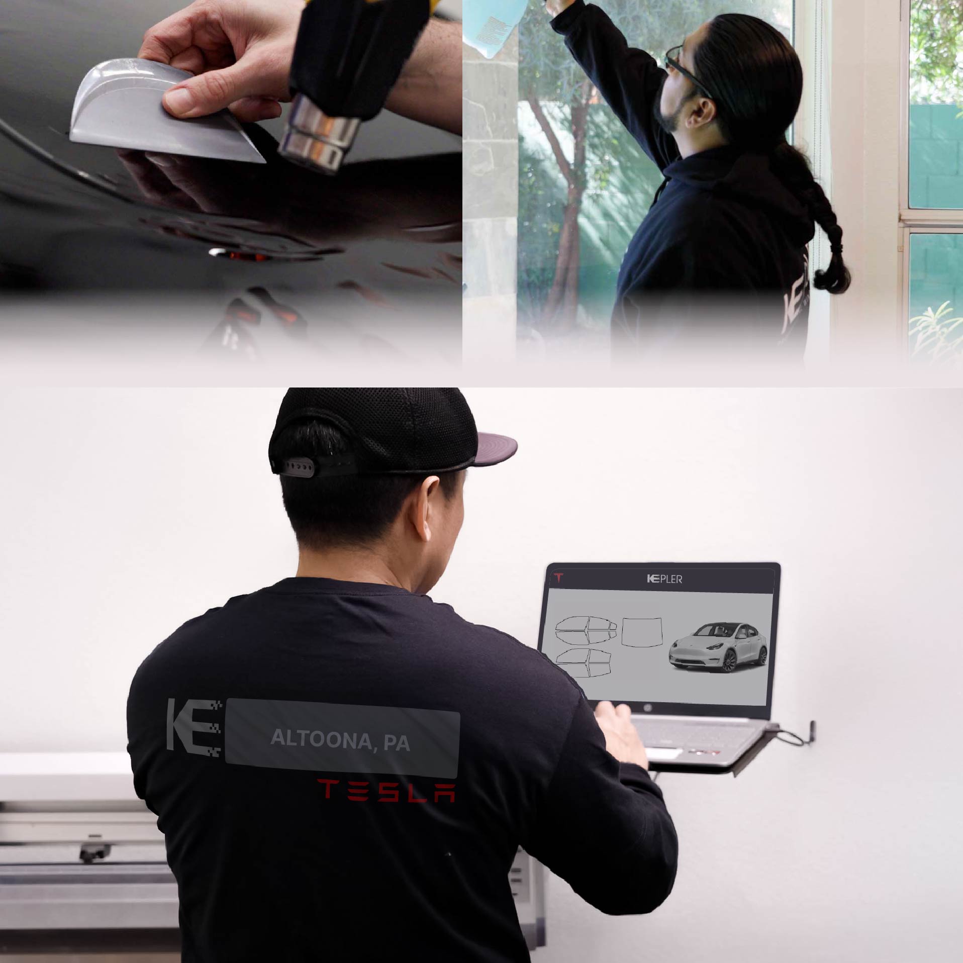 Kepler Technician Applying Advanced Window Tint to Tesla in Altoona