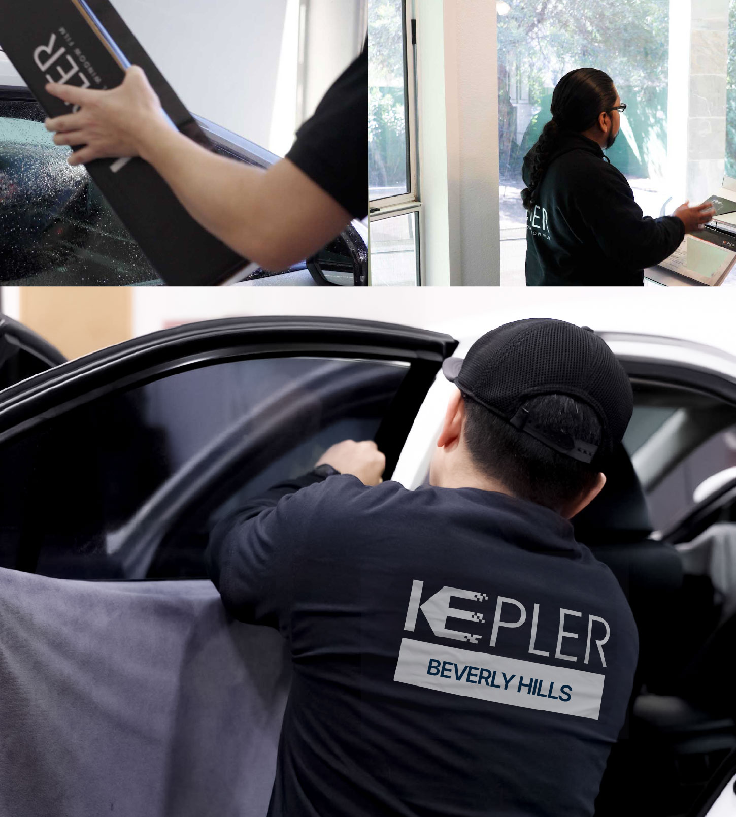 Automotive Window Tinting Expert Applying Film in Beverly Hills, California