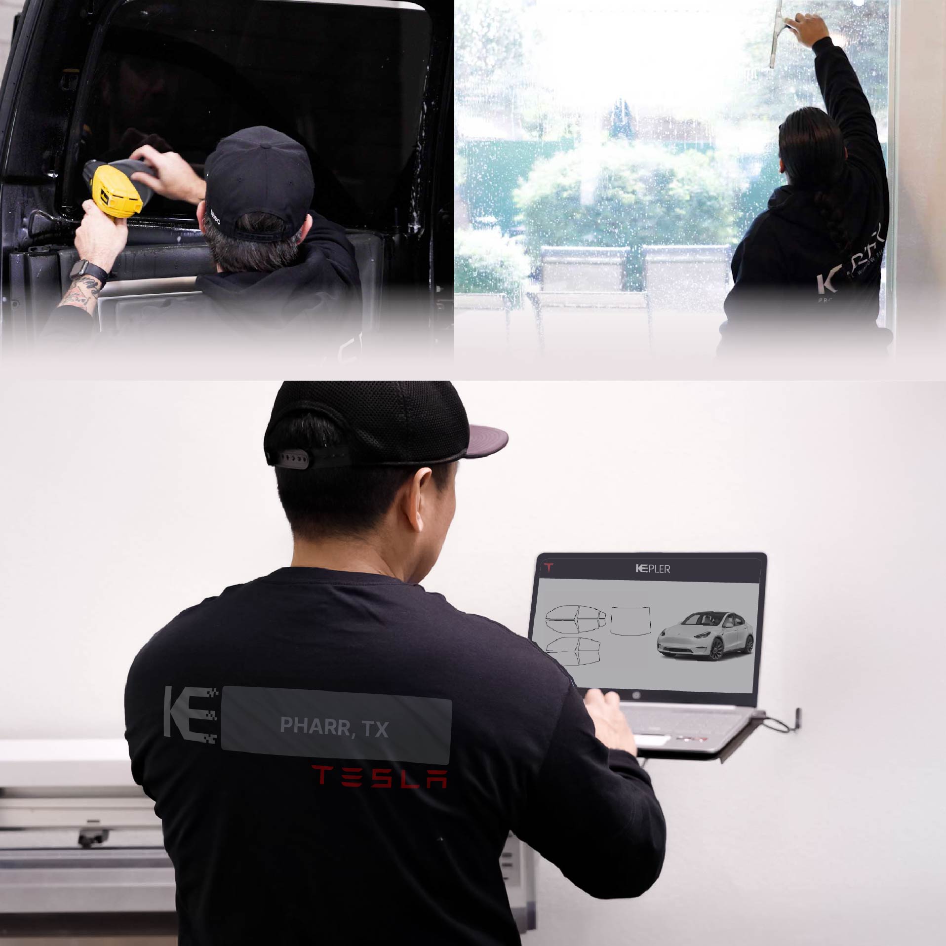 Kepler Technician Fitting Advanced Window Tint to Tesla in Pharr