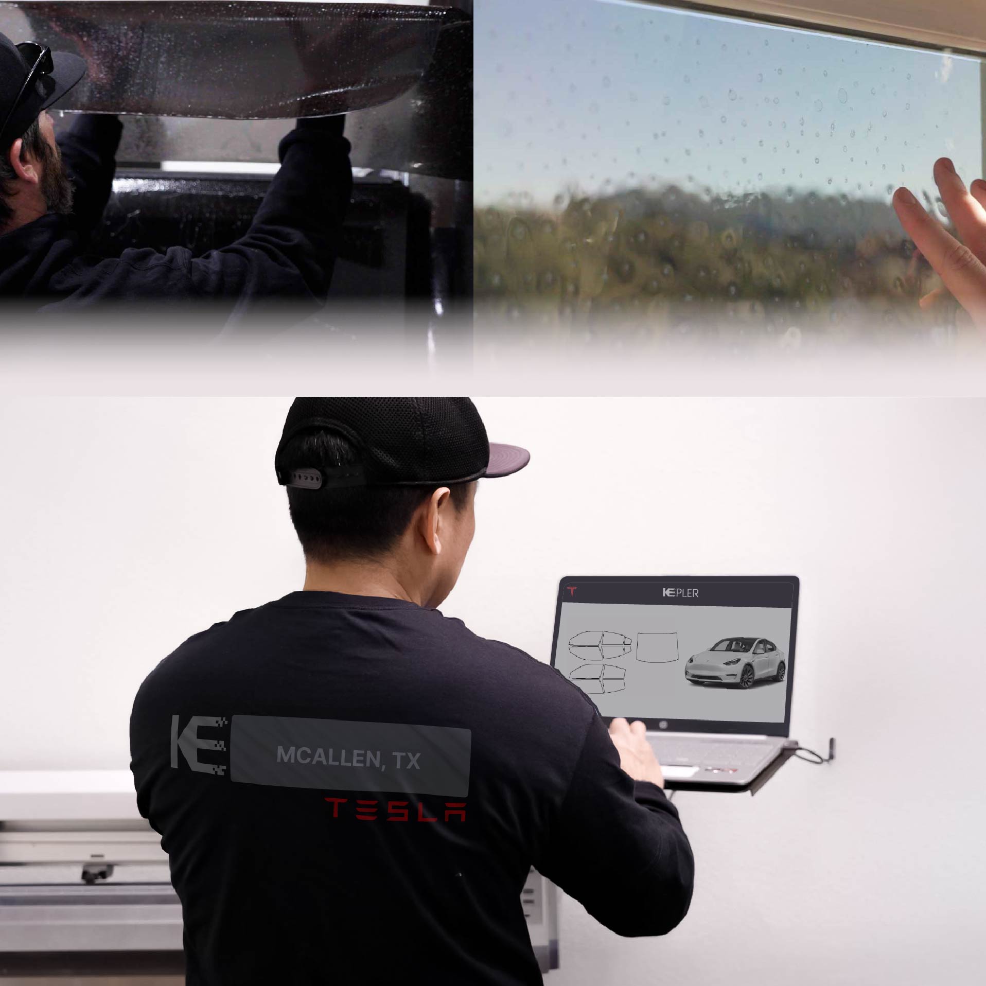 Kepler Technician Fitting Ceramic Window Tint to Tesla in McAllen