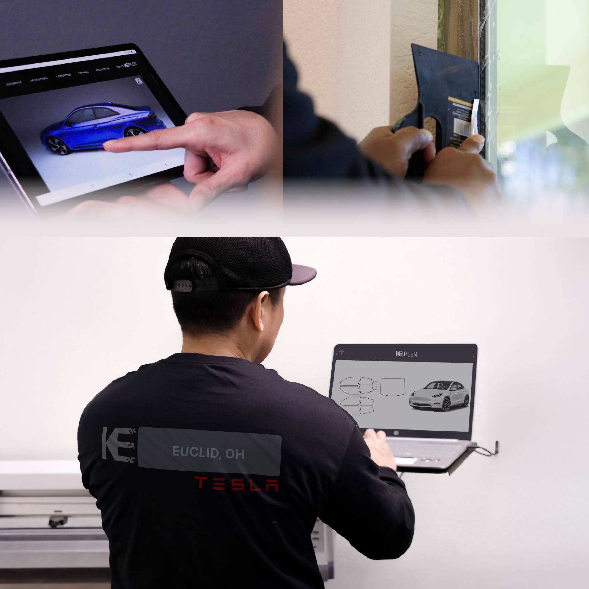 Expert Technician Fitting High-tech Window Tint to Tesla in Euclid