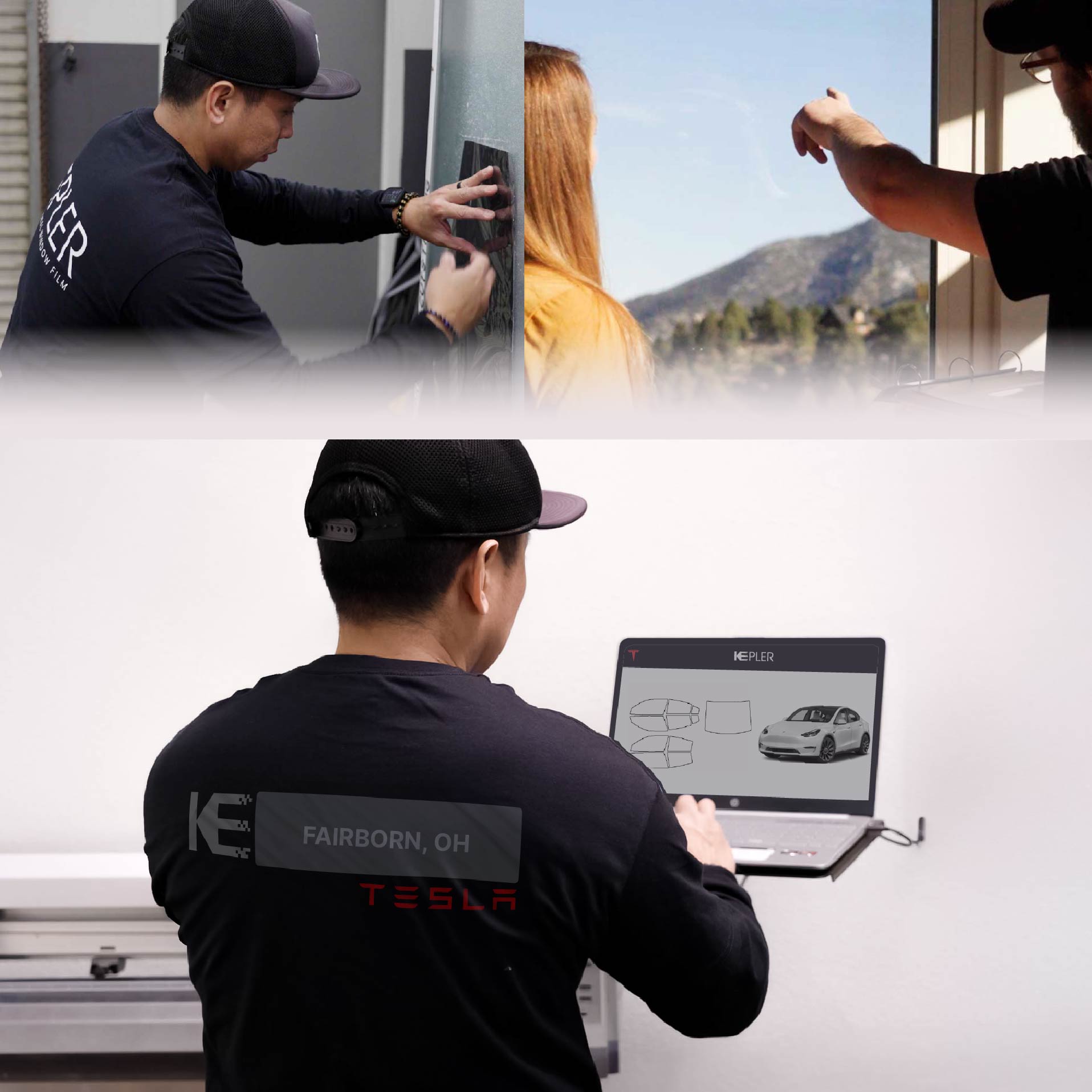 Expert Technician Installing Advanced Window Tint to Tesla in Fairborn