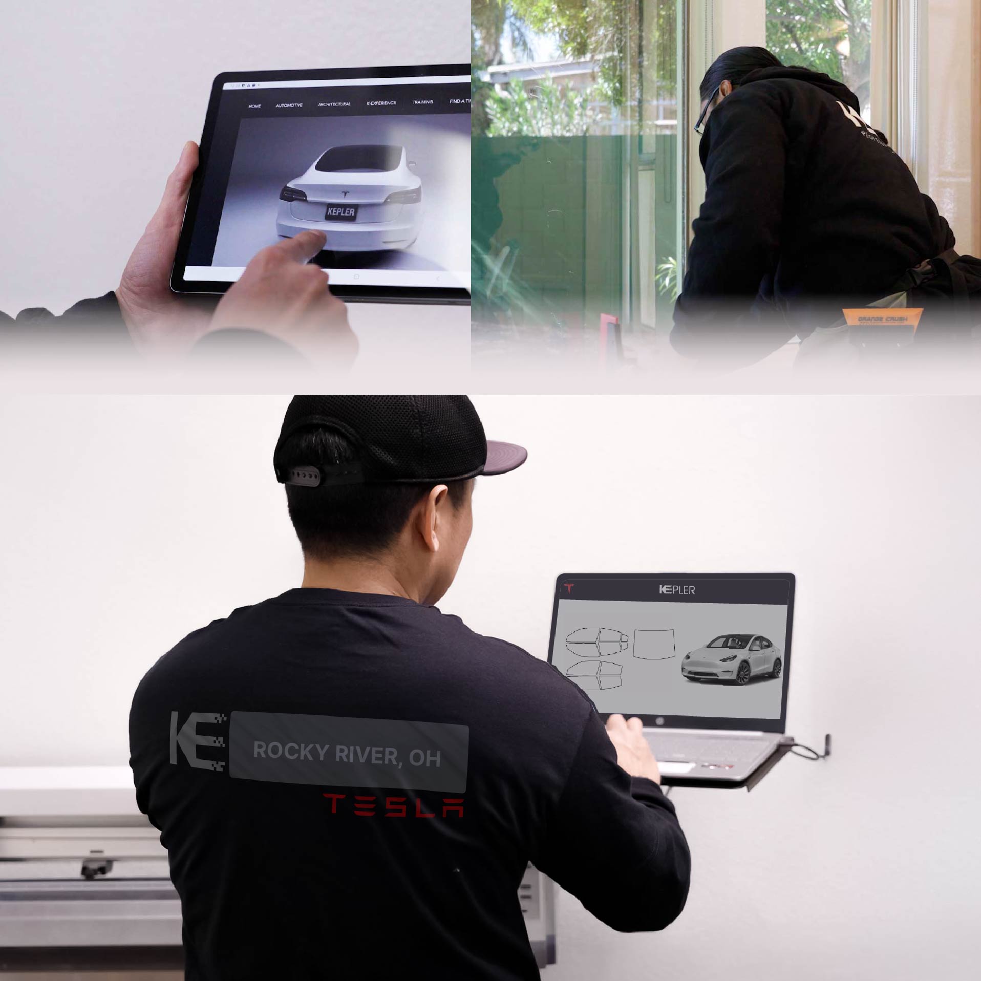 Expert Technician Installing High-tech Window Tint to Tesla in Rocky River