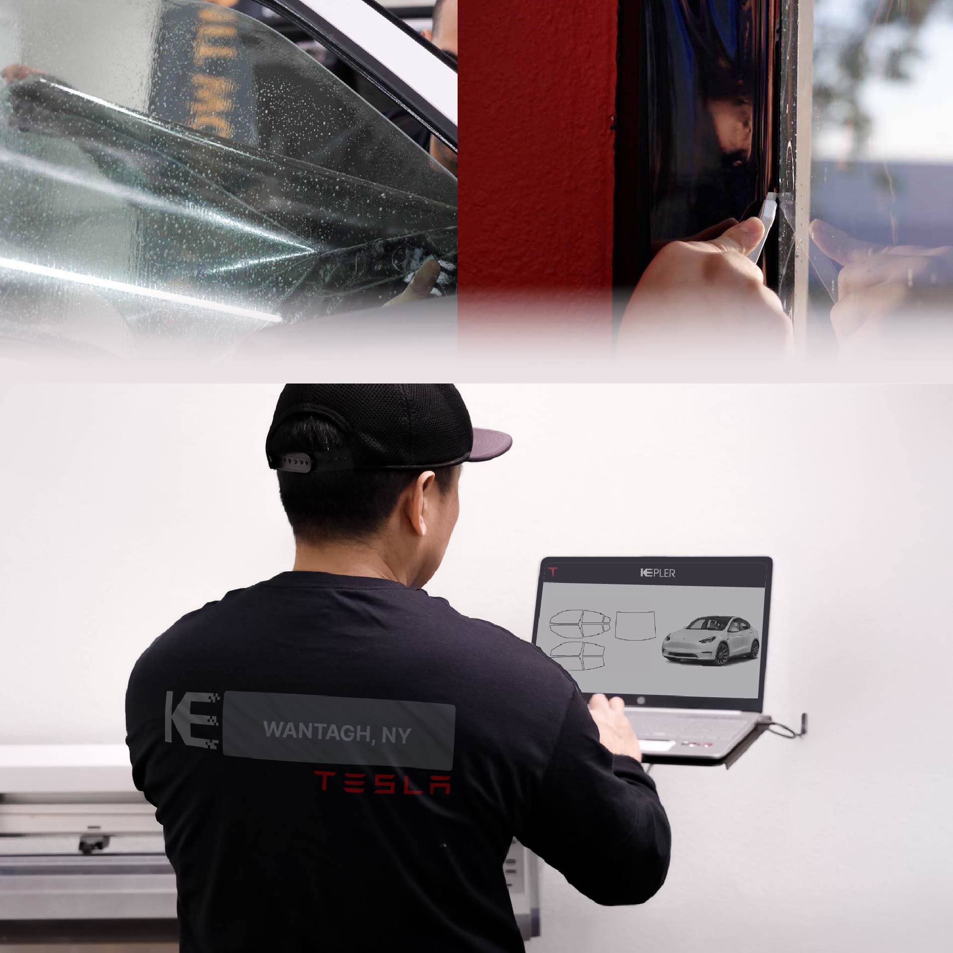Kepler Technician Applying High-tech Window Tint to Tesla in Wantagh