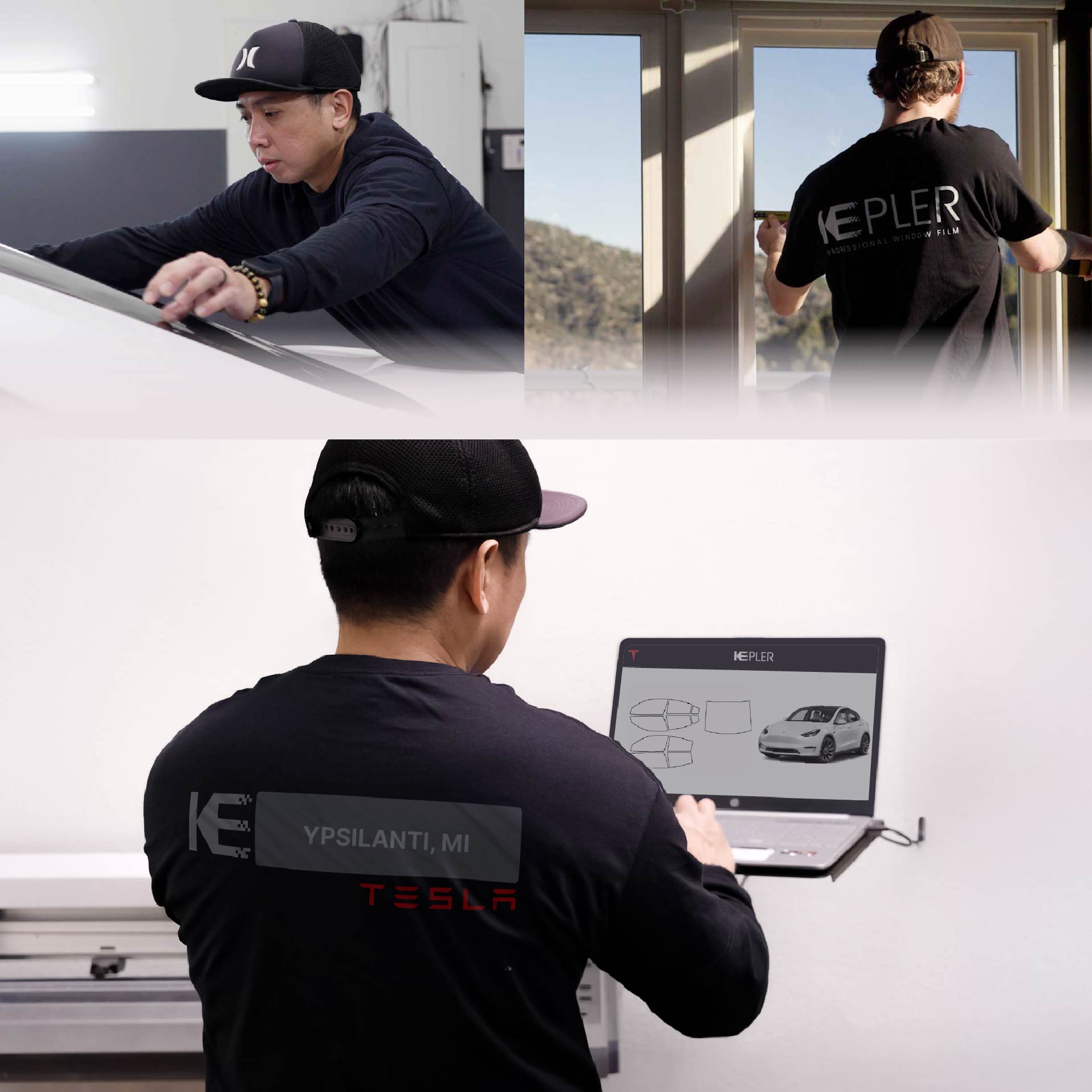Expert Technician Installing Ceramic Window Tint to Tesla in Ypsilanti