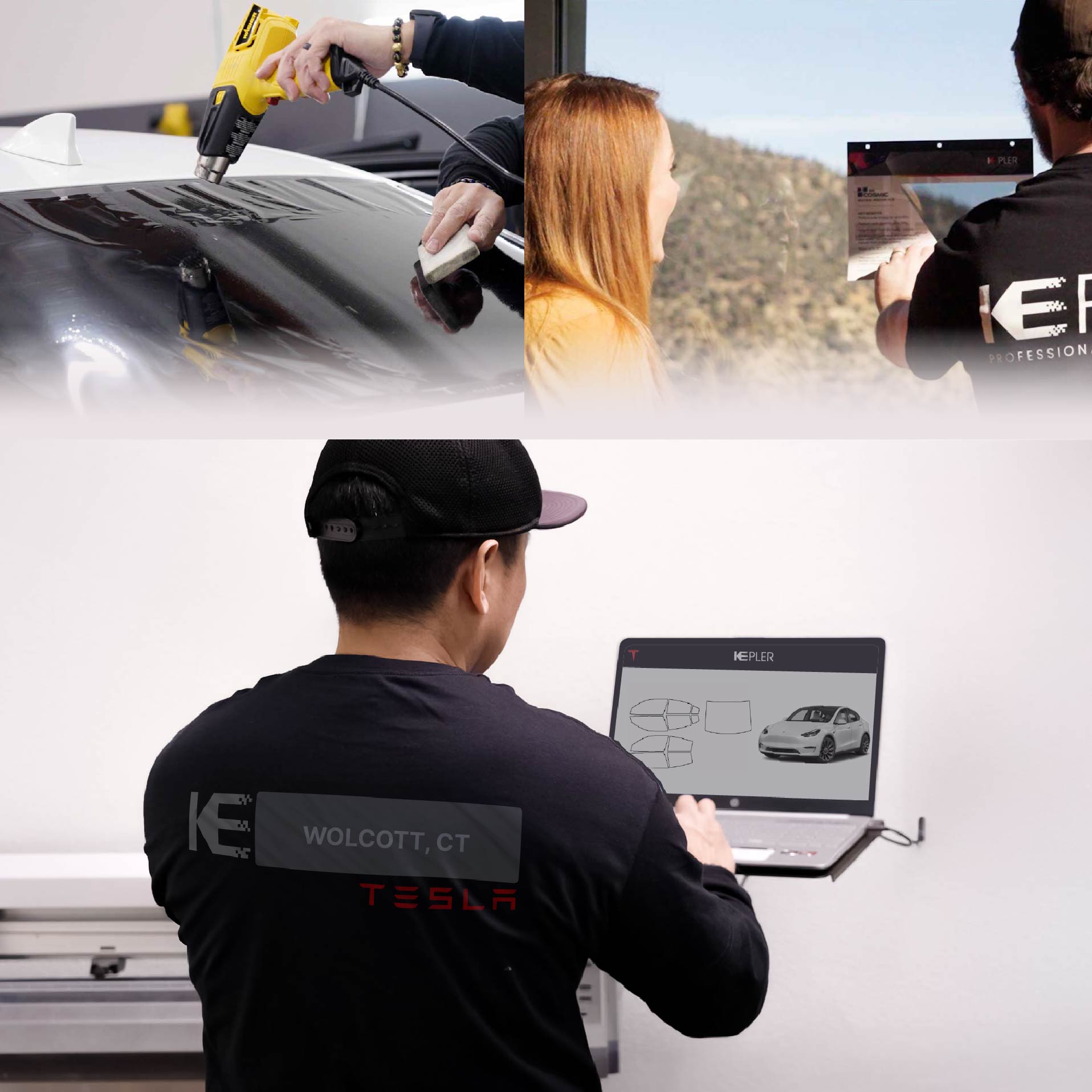 Kepler Technician Fitting Advanced Window Tint to Tesla in Wolcott