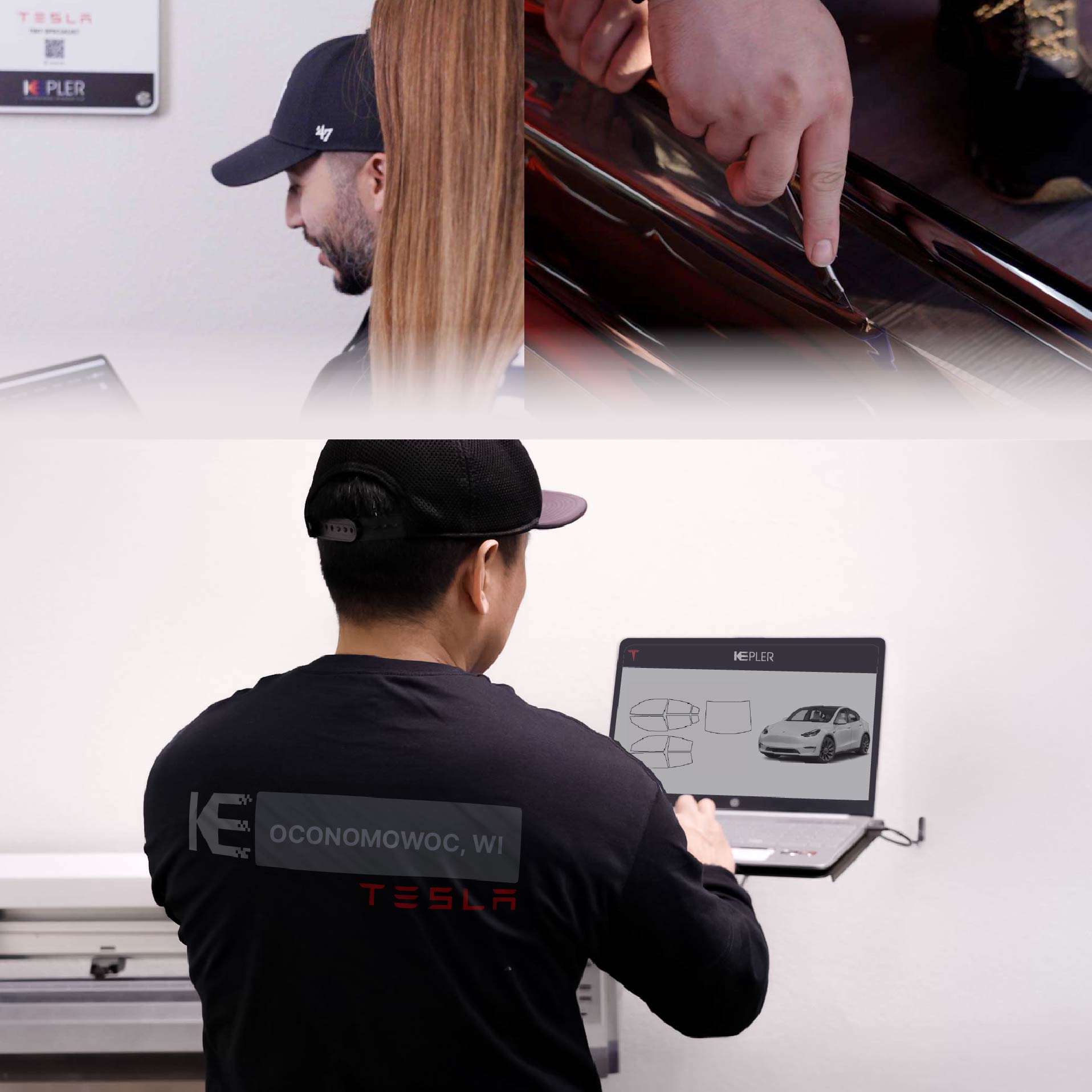 Expert Technician Applying High-tech Window Tint to Tesla in Oconomowoc