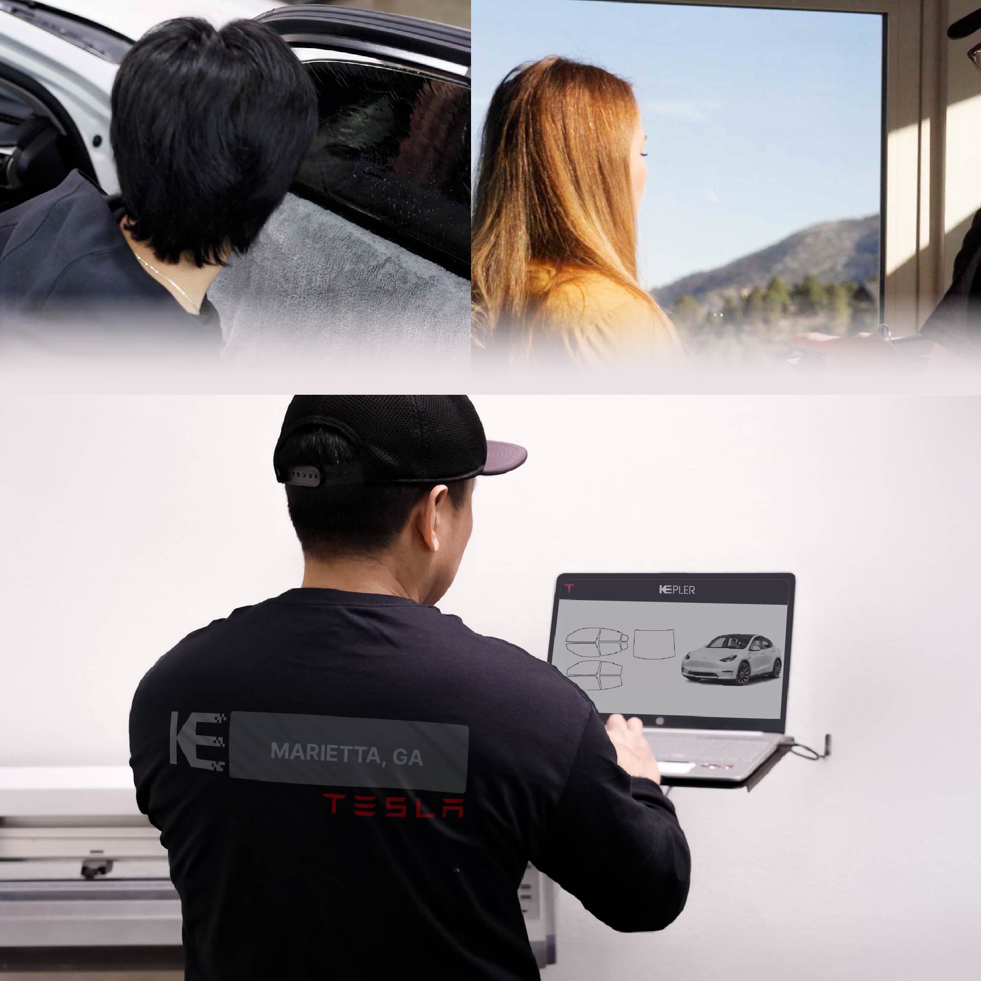 Kepler Technician Installing Ceramic Window Tint to Tesla in Marietta