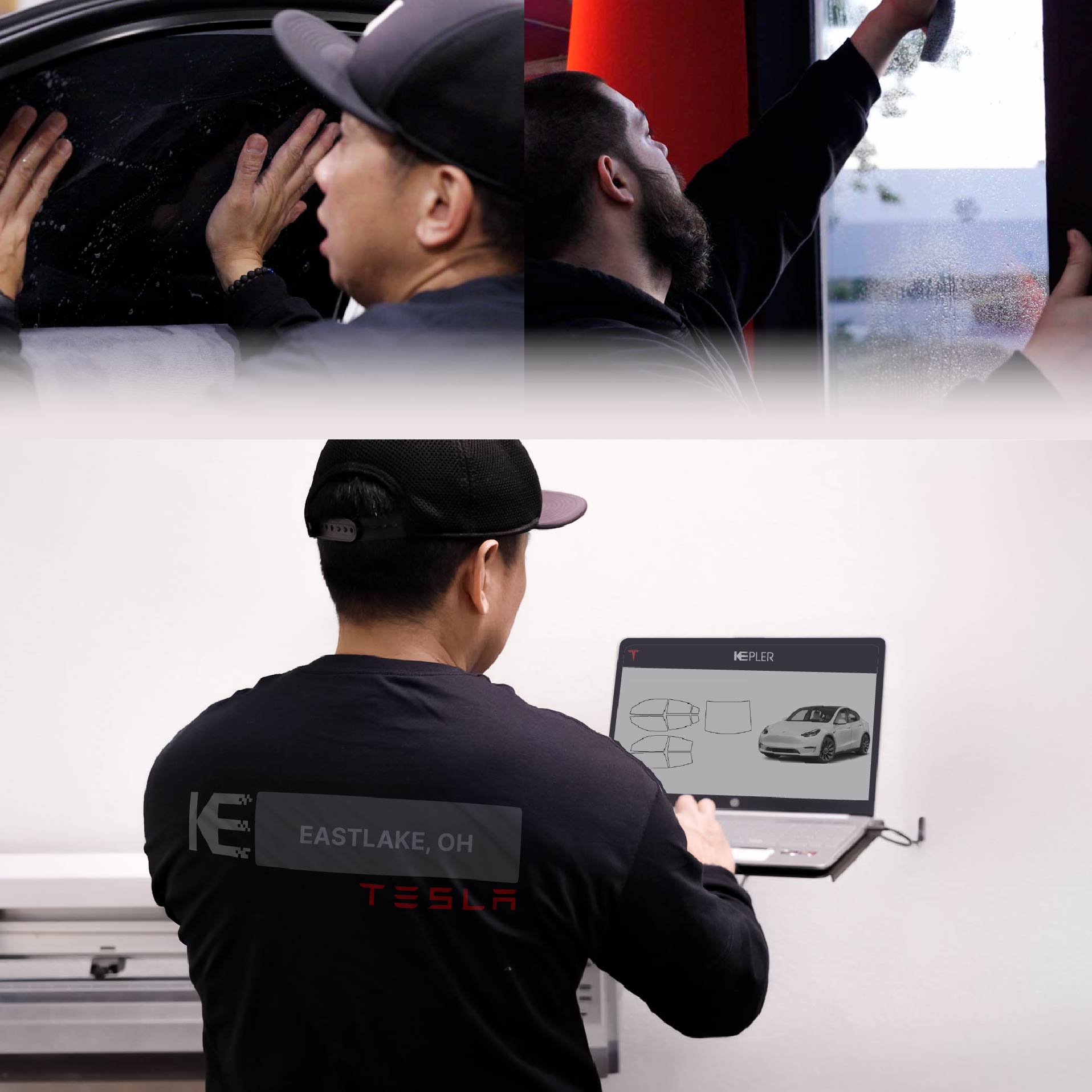 Kepler Technician Installing Ceramic Window Tint to Tesla in Eastlake