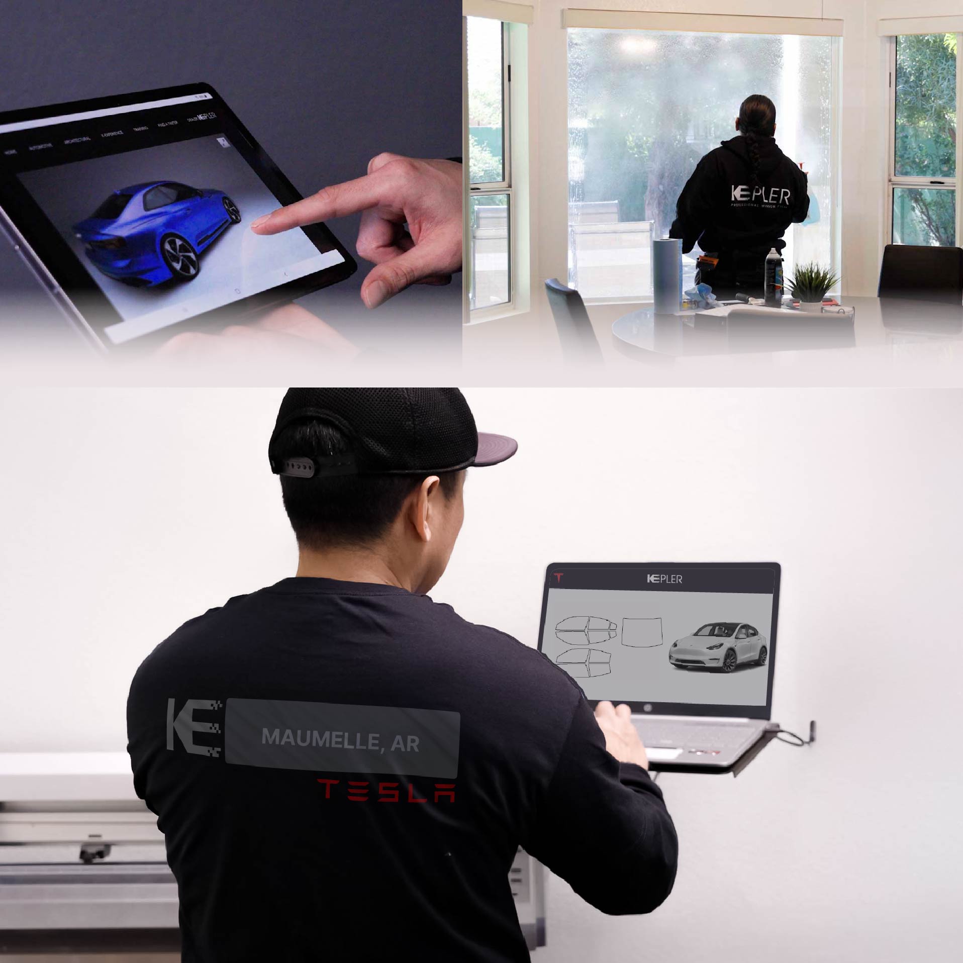 Expert Technician Fitting Advanced Window Tint to Tesla in Maumelle