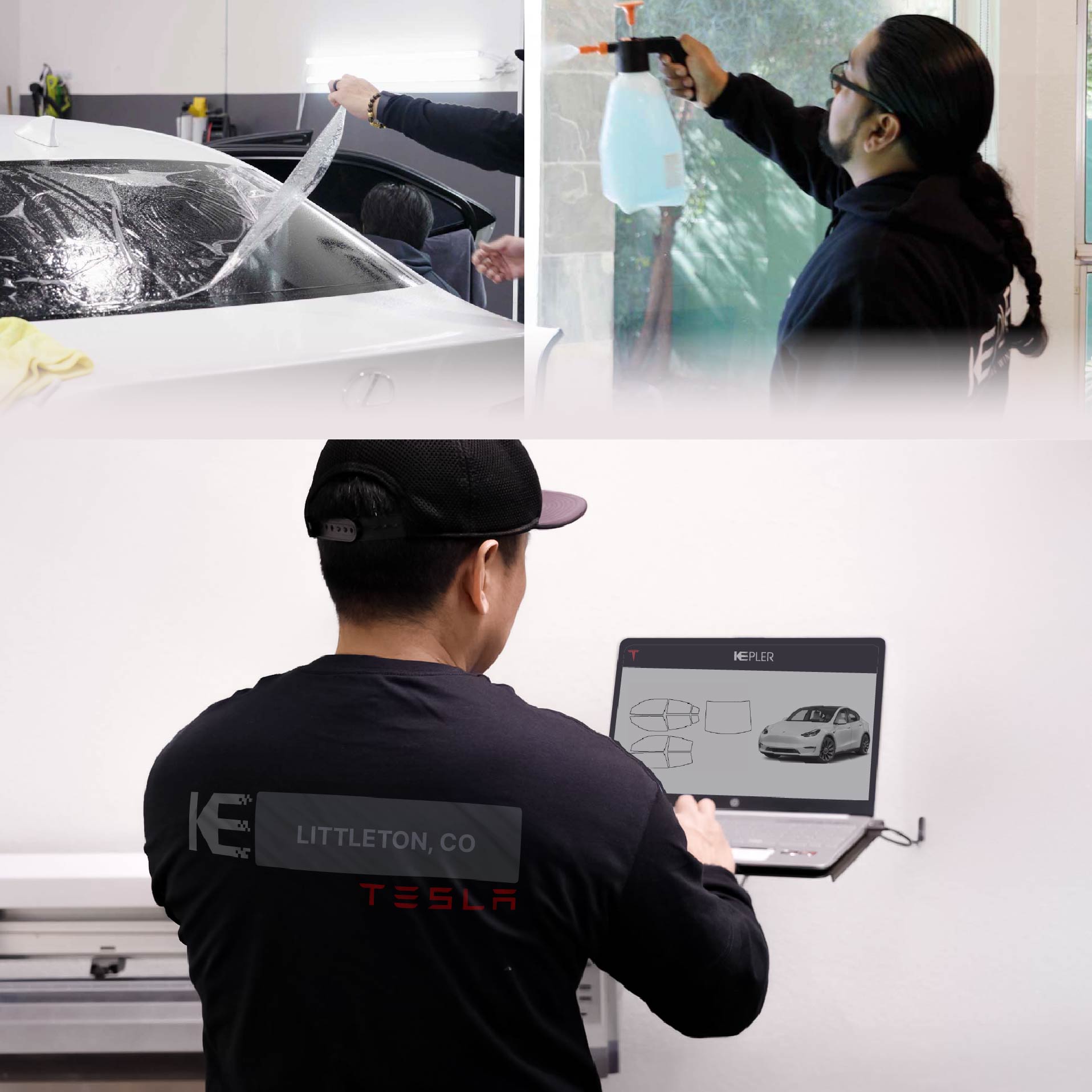 Expert Technician Installing Ceramic Window Tint to Tesla in Littleton