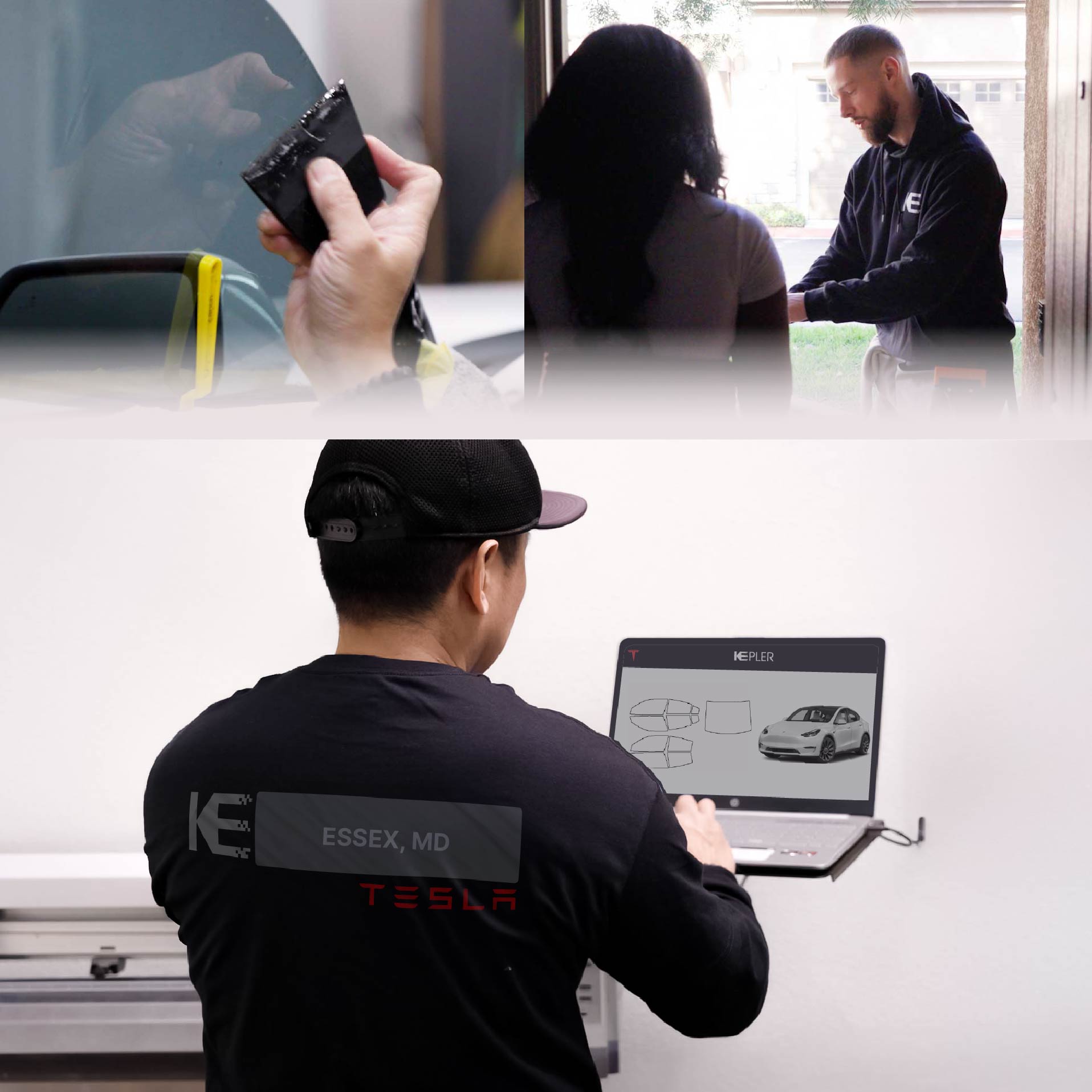 Kepler Technician Installing Ceramic Window Tint to Tesla in Essex
