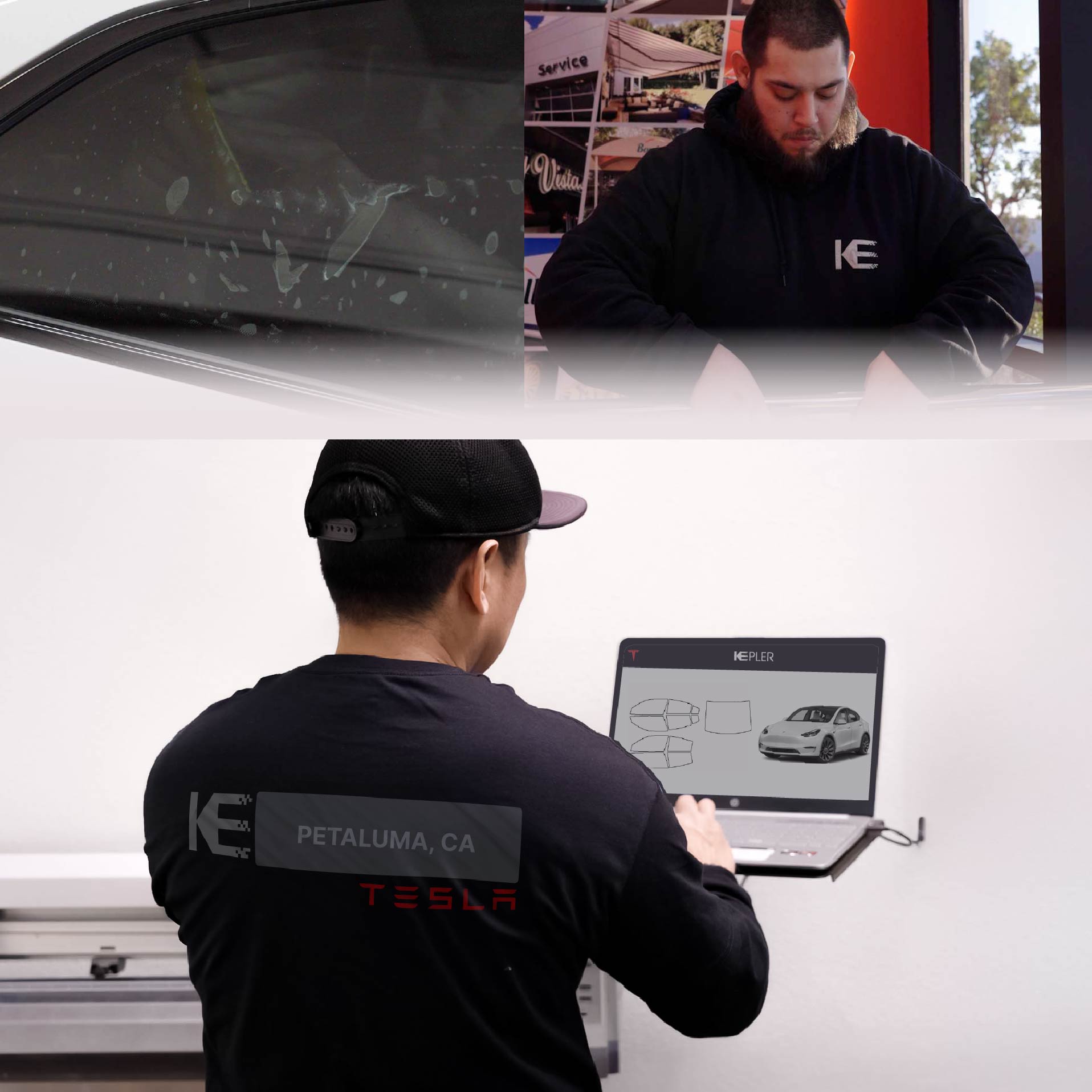 Expert Technician Fitting Ceramic Window Tint to Tesla in Petaluma