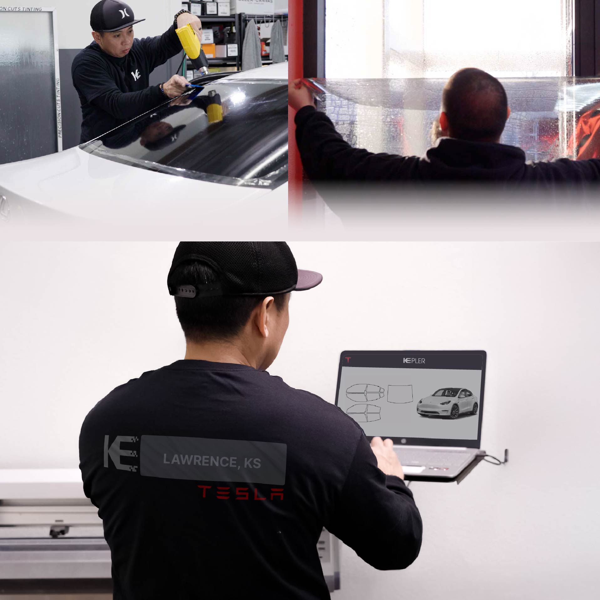 Kepler Technician Applying High-tech Window Tint to Tesla in Lawrence