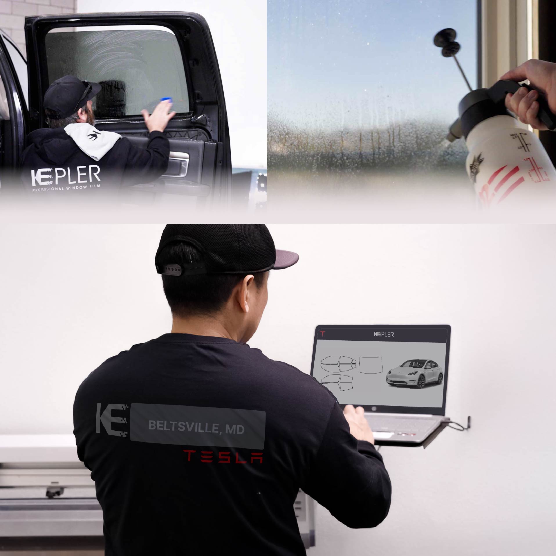 Kepler Technician Applying High-tech Window Tint to Tesla in Beltsville