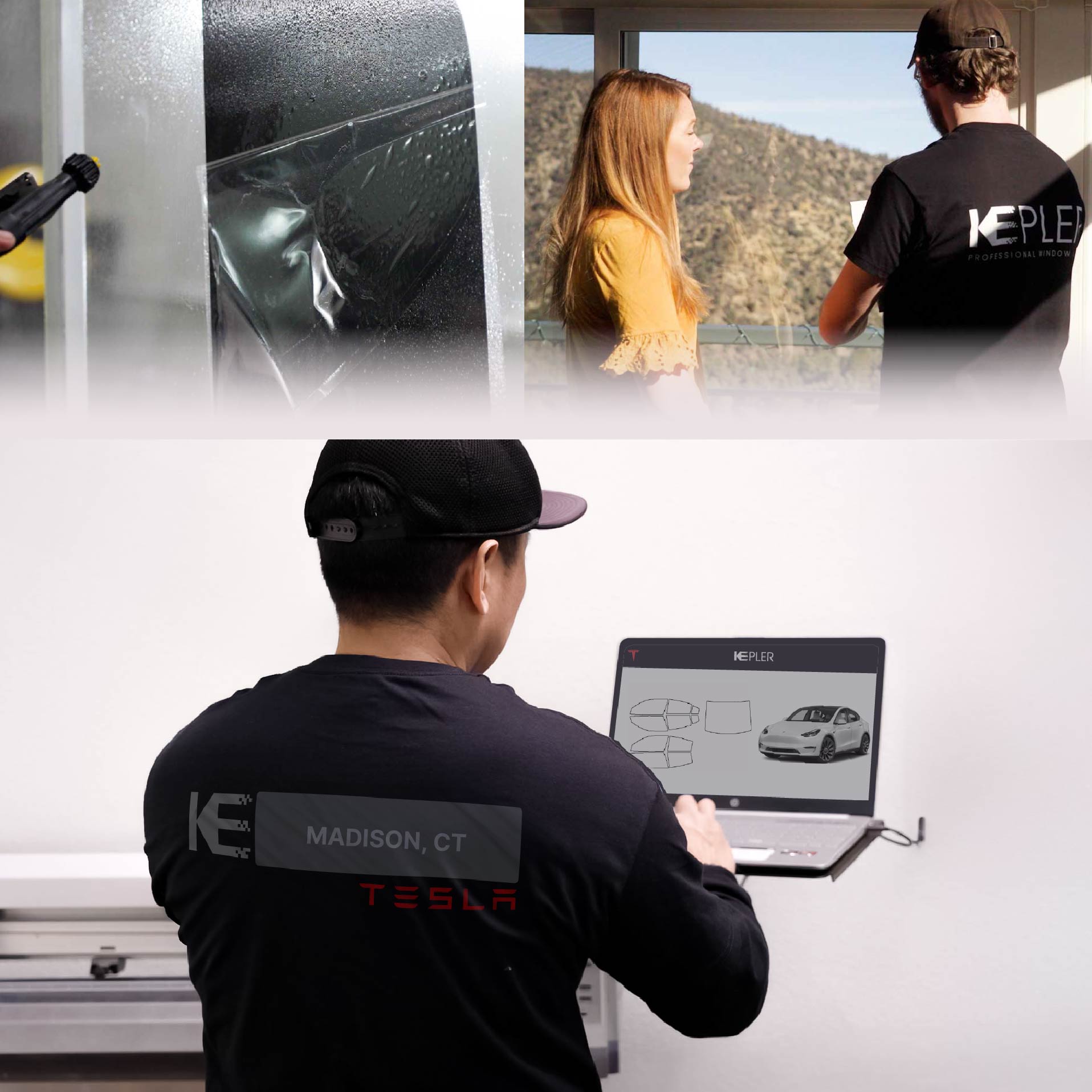 Kepler Technician Fitting Advanced Window Tint to Tesla in Madison