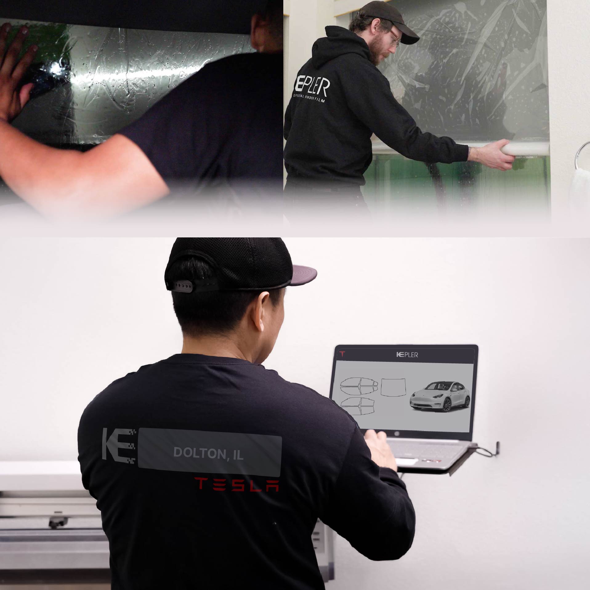 Kepler Technician Applying Advanced Window Tint to Tesla in Dolton