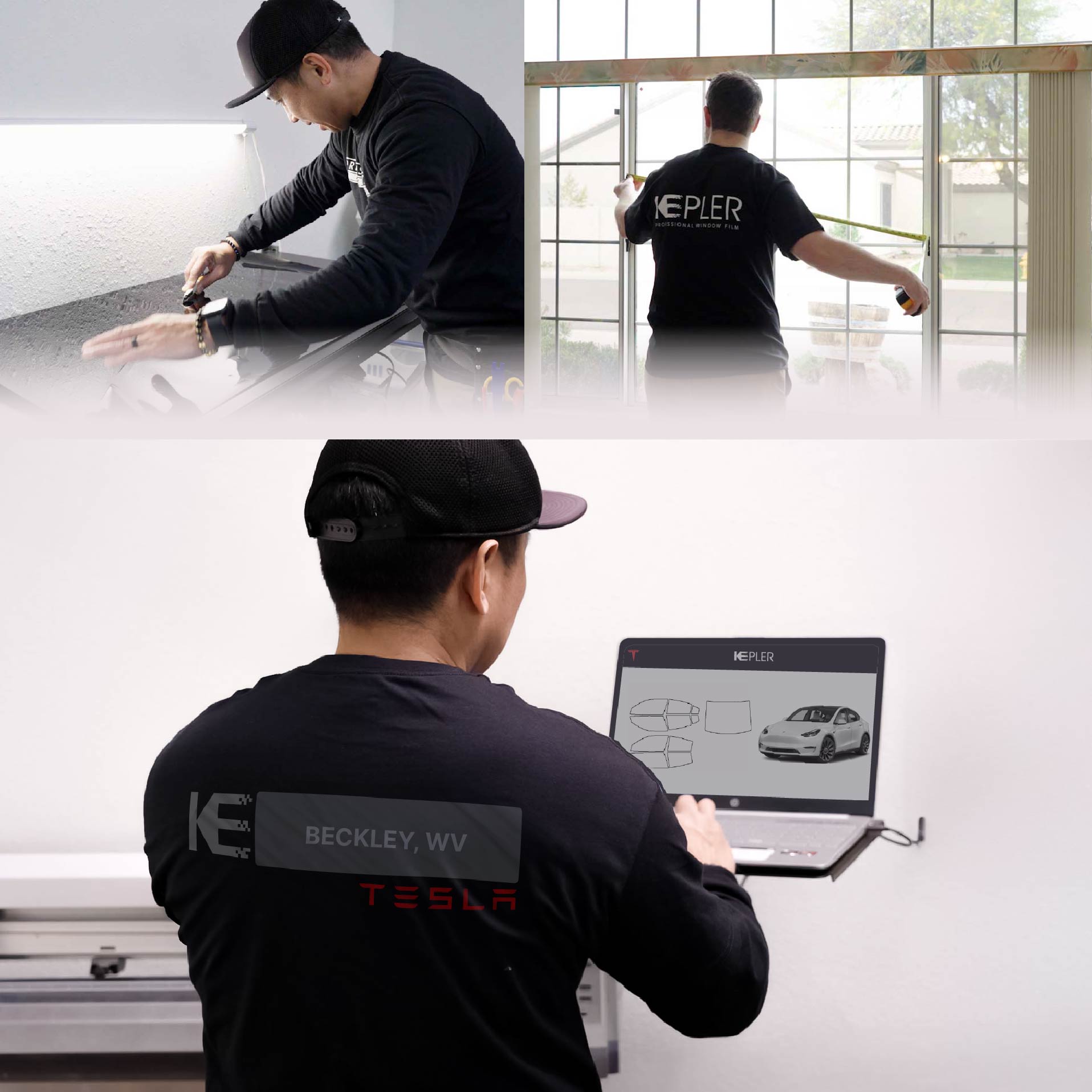 Kepler Technician Applying High-tech Window Tint to Tesla in Beckley