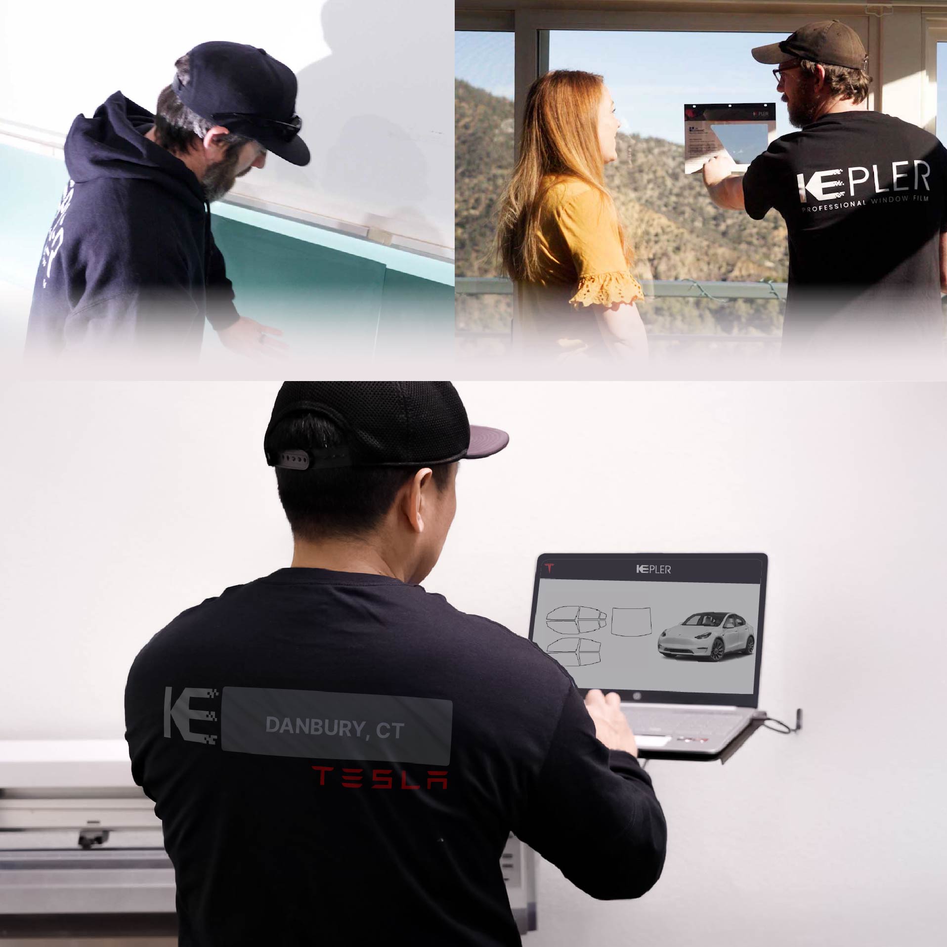Kepler Technician Installing Ceramic Window Tint to Tesla in Danbury