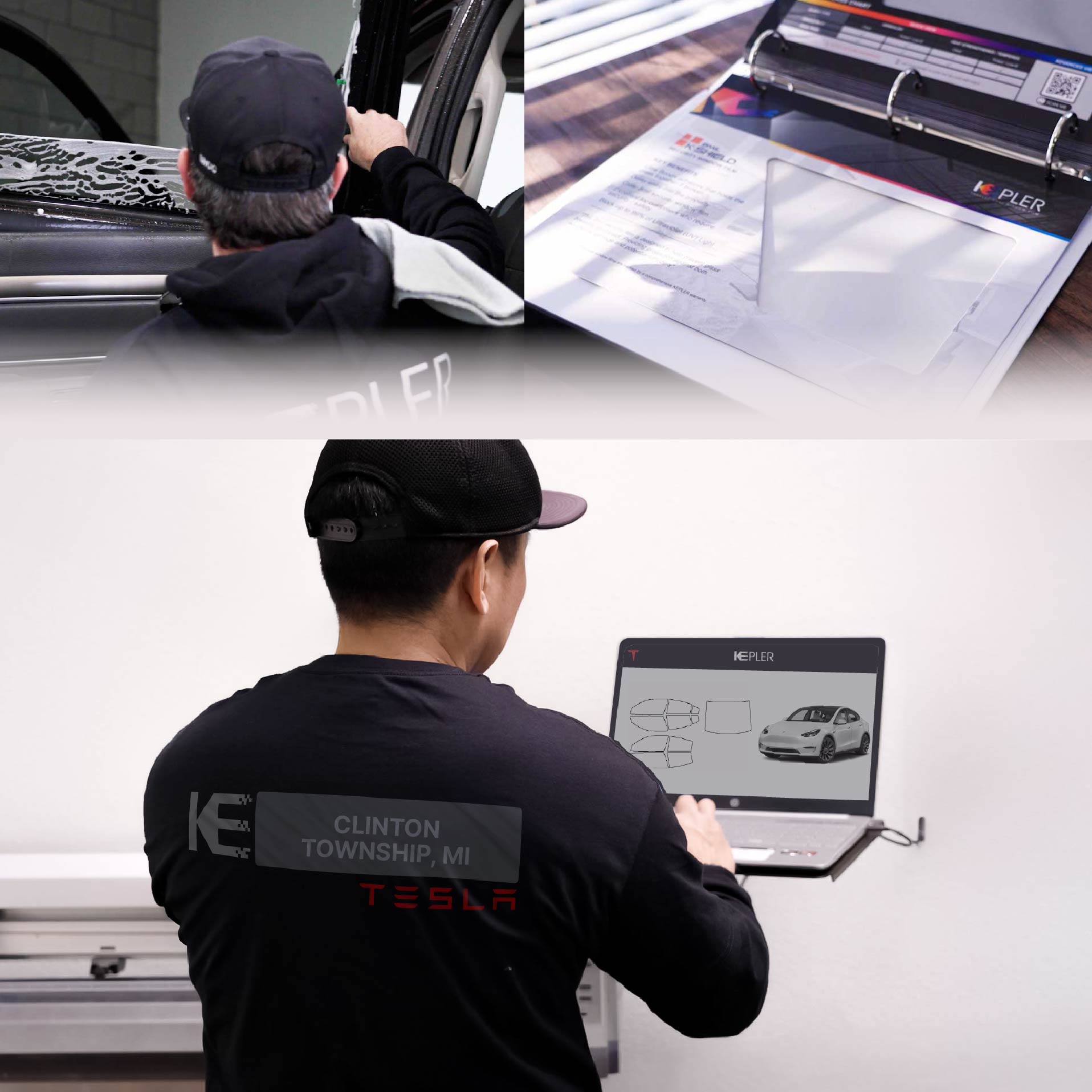 Expert Technician Applying High-tech Window Tint to Tesla in Clinton Township