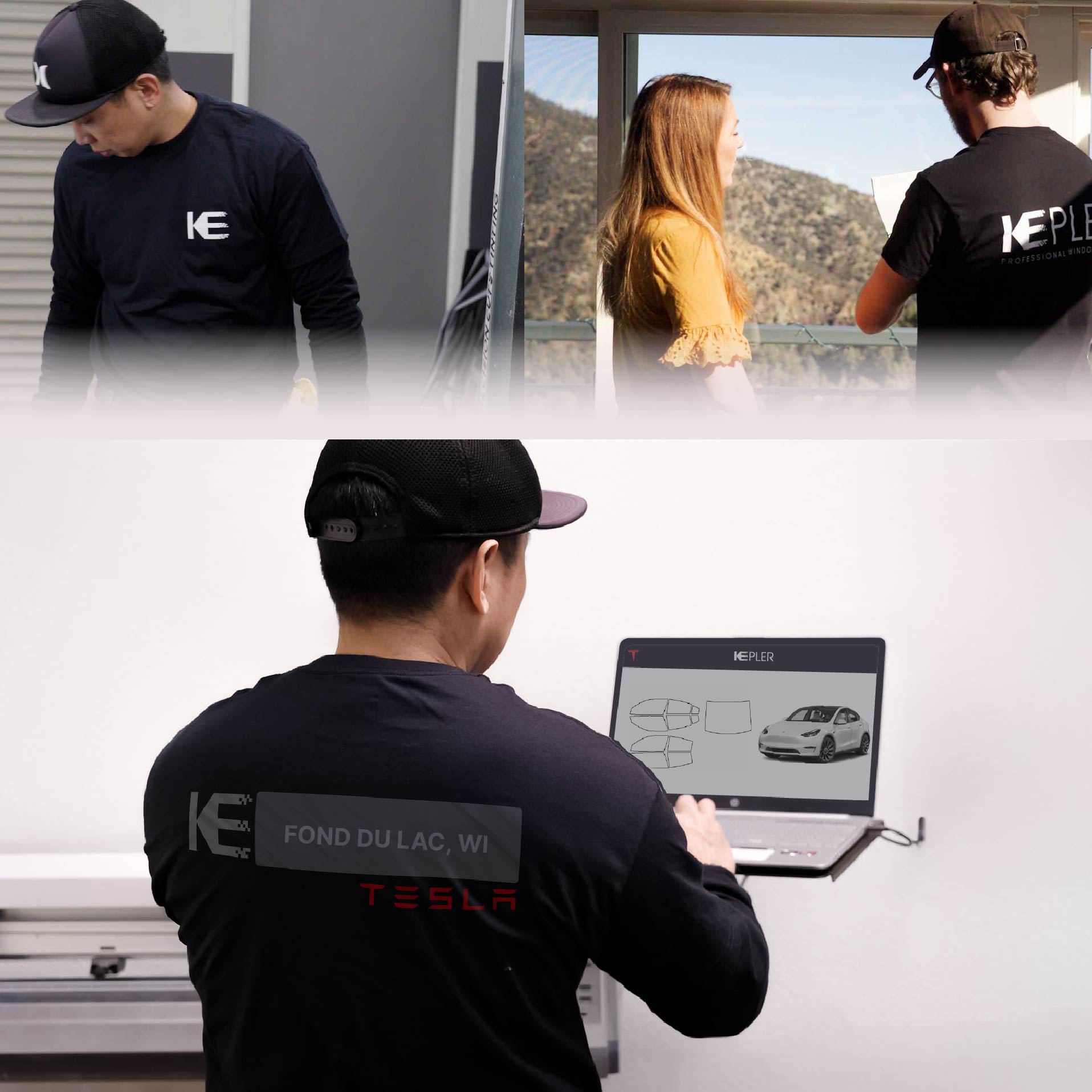 Kepler Technician Fitting High-tech Window Tint to Tesla in Fond du Lac