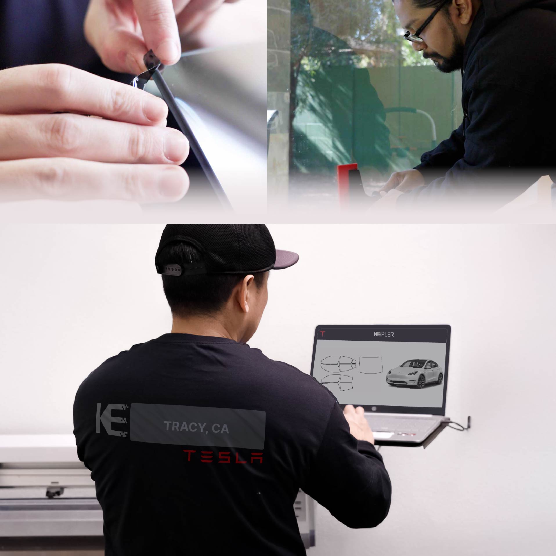 Expert Technician Applying Ceramic Window Tint to Tesla in Tracy